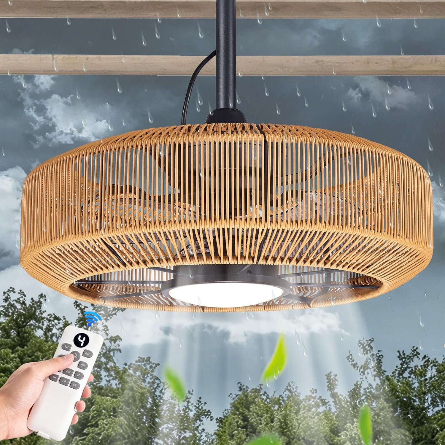 20" Outdoor Ceiling Fan with Light – Waterproof Plug-In Hanging Caged Fan, 3CCT Dimmable LED, 6-Speed with Remote & App Control for Covered Patios, Gazebo & Porch