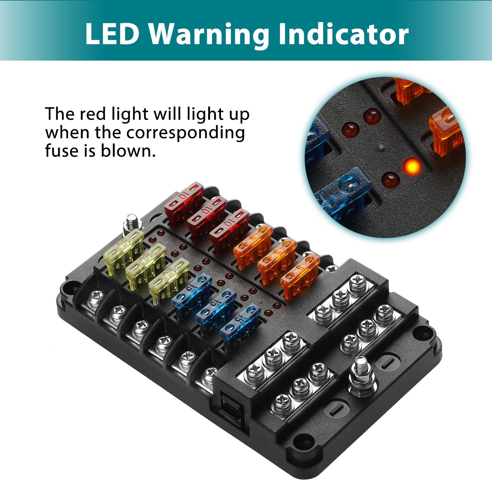 EEEKit 12V Fuse Box with Terminals, 12 Way Circuits Fuse Box Holder