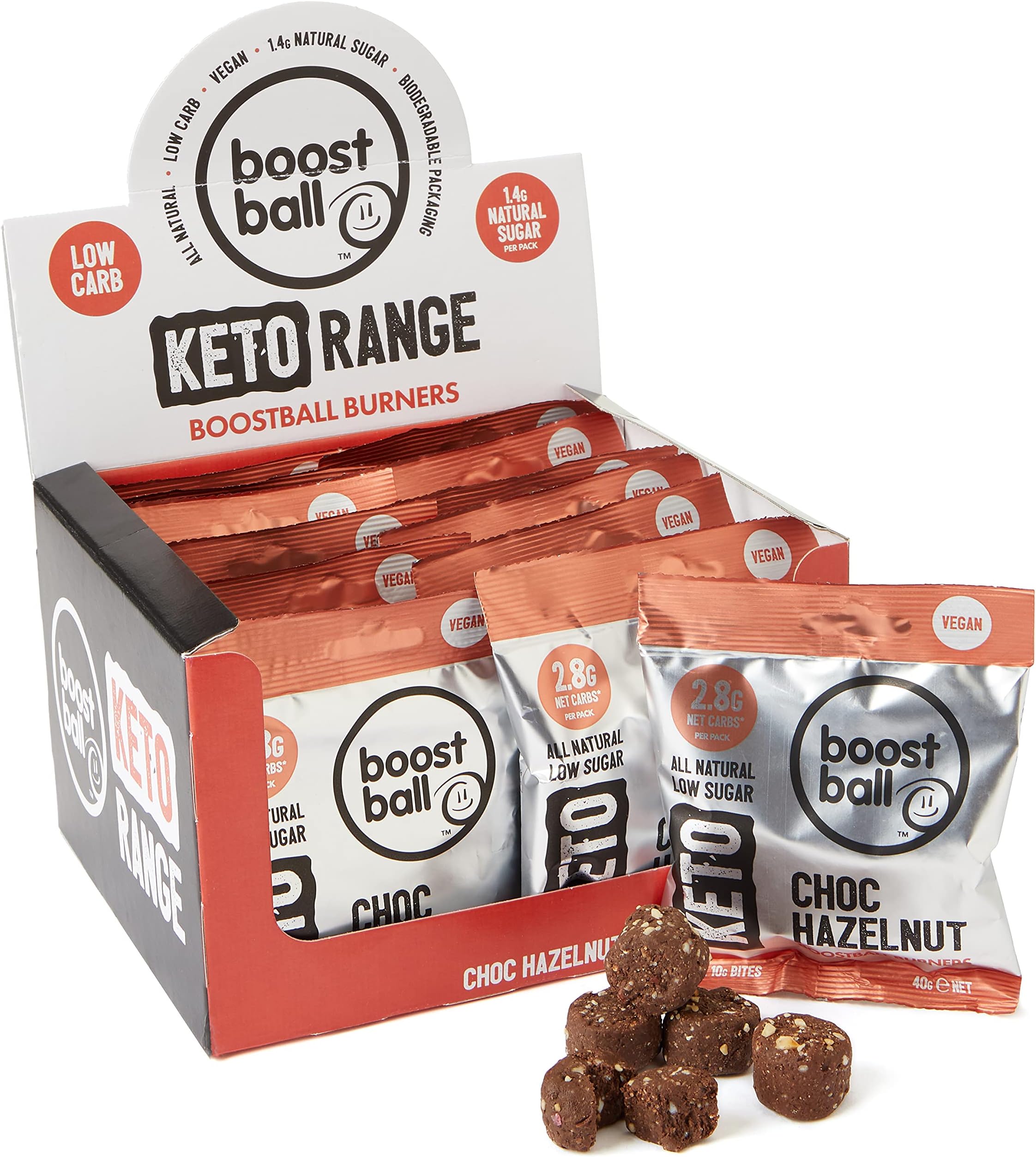 Boostballs Keto Snacks, Low Carb, Vegan, Low Sugar, Gluten Free, 100% Natural, Chocolate Hazelnut Flavour, Pack of 12 x 40g