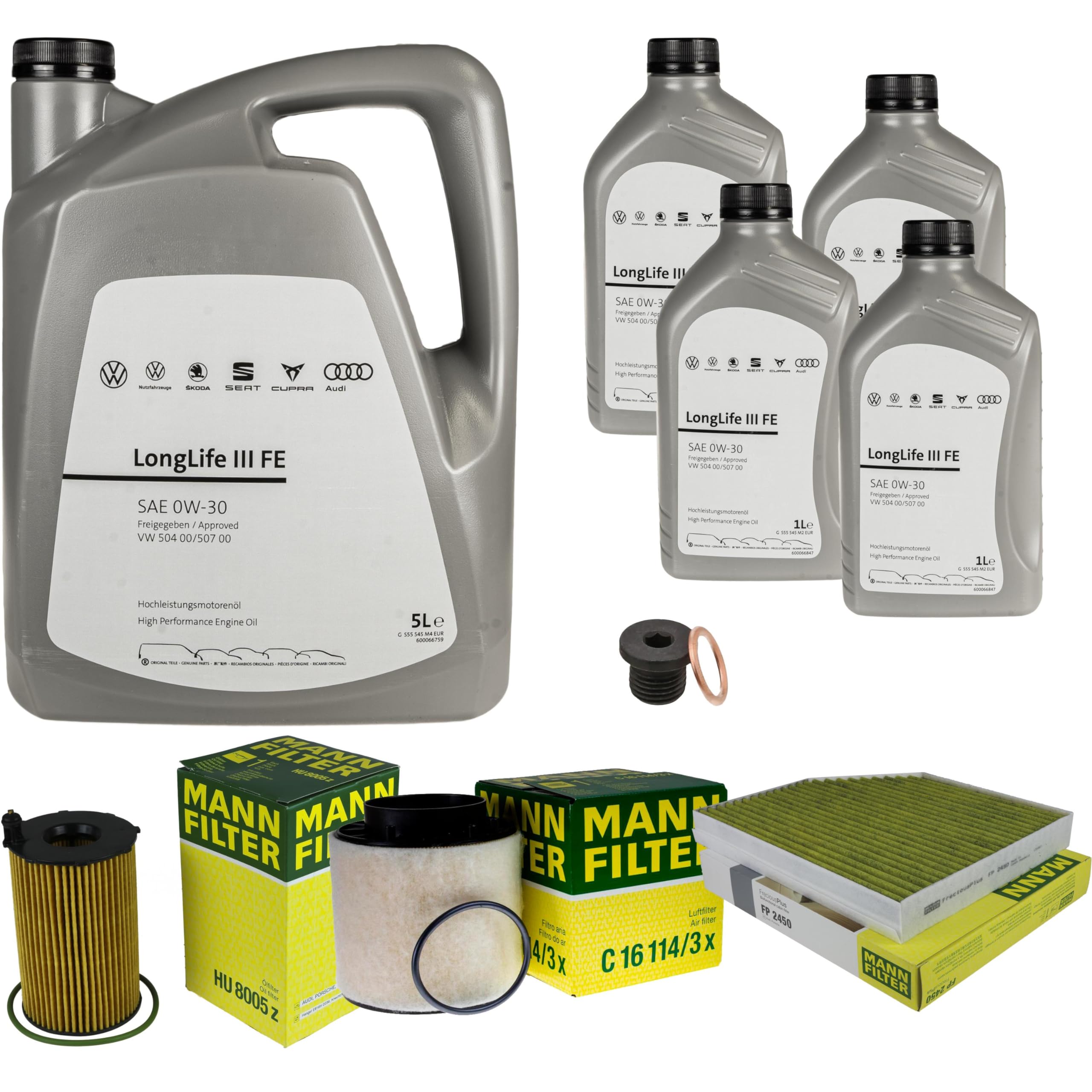 Pacchetto di ispezione pacchetto di manutenzione filtro con 9 L 0W-30 olio motore LongLife 3 FE, filtro dell'olio, filtro dell'aria abitacolo (carbone attivo) vite di scarico dell'olio