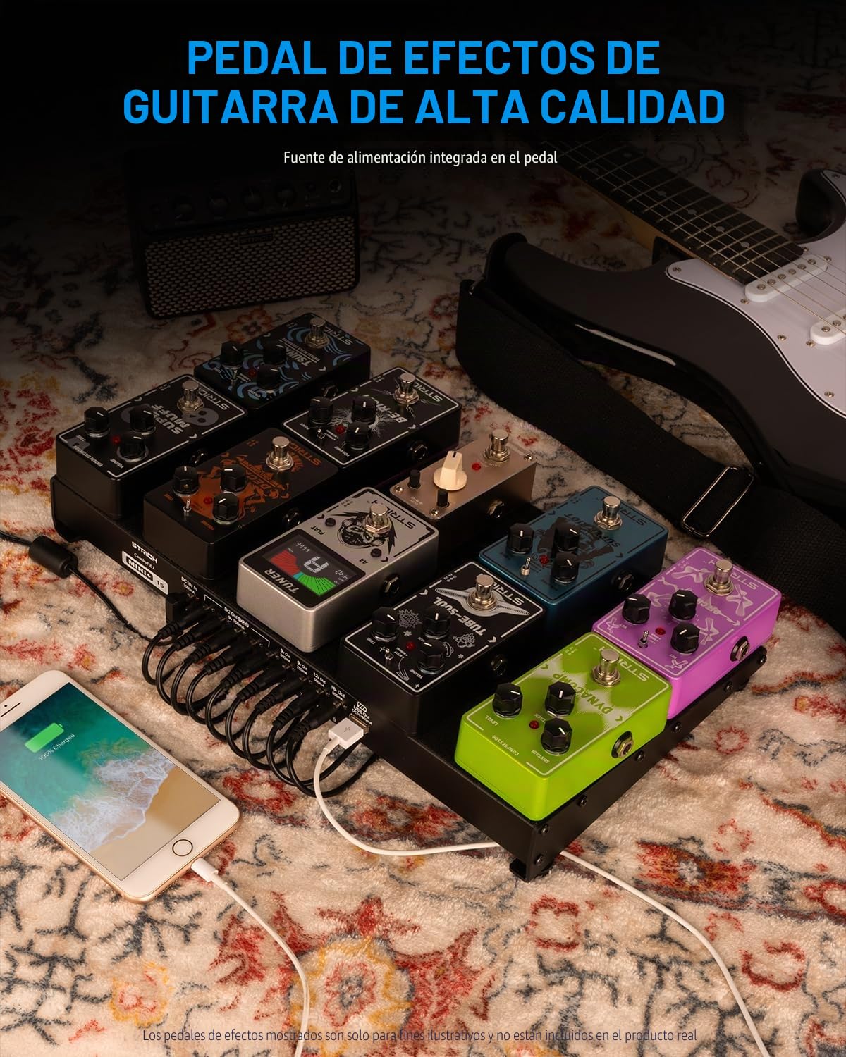 STRICH Tabla de Pedales de Guitarra con Fuente de Alimentación Integrada, Tabla de Pedales 15 x 7.8" Aleación de Aluminio Ligera, Tabla de Pedales con Cables de Pedal, Bolsa, Tiras de Velcro PB-MP15