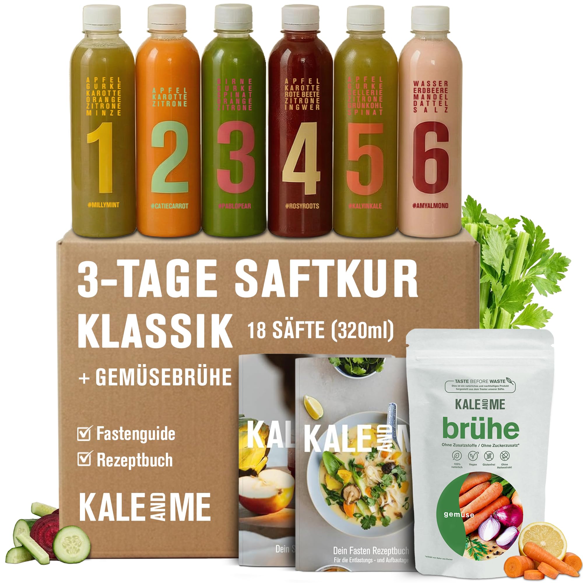 Kale&Me Saftkur Klassik 3 Tage – 18 Flaschen mit je 320 ml – 6 verschiedene kaltgepresste Säfte – vegan, ohne Zusatz- & Konservierungsstoffe – mit Guide und Gemüsebrühepulver zur Kurbegleitung