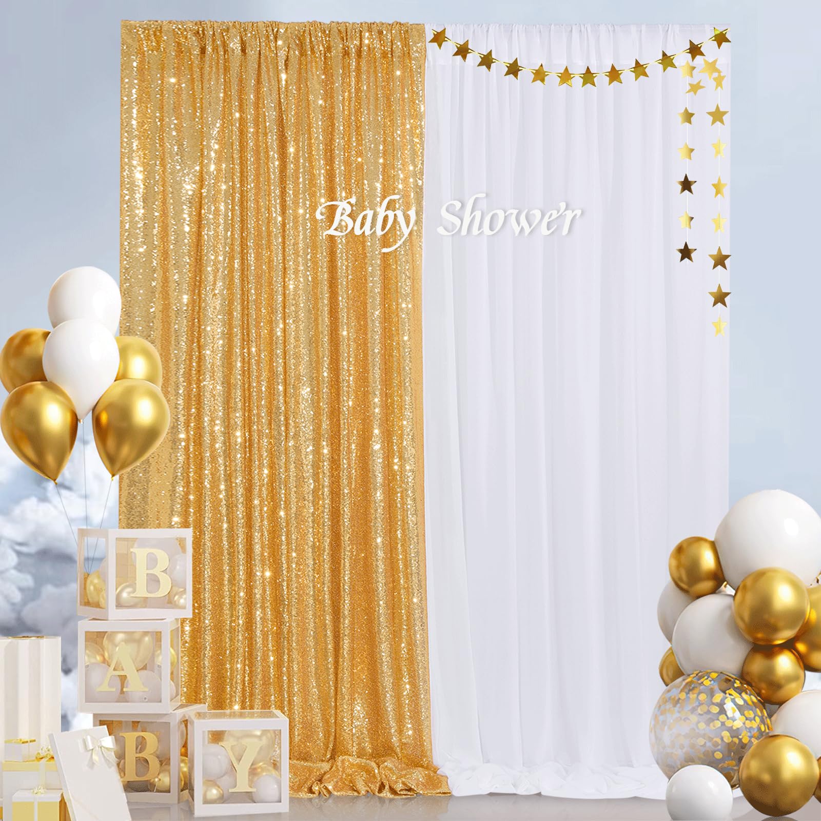 Lot de 3 rideaux de fond à paillettes en mousseline de soie pour fête de mariage Doré 1,2 x 2,4 m