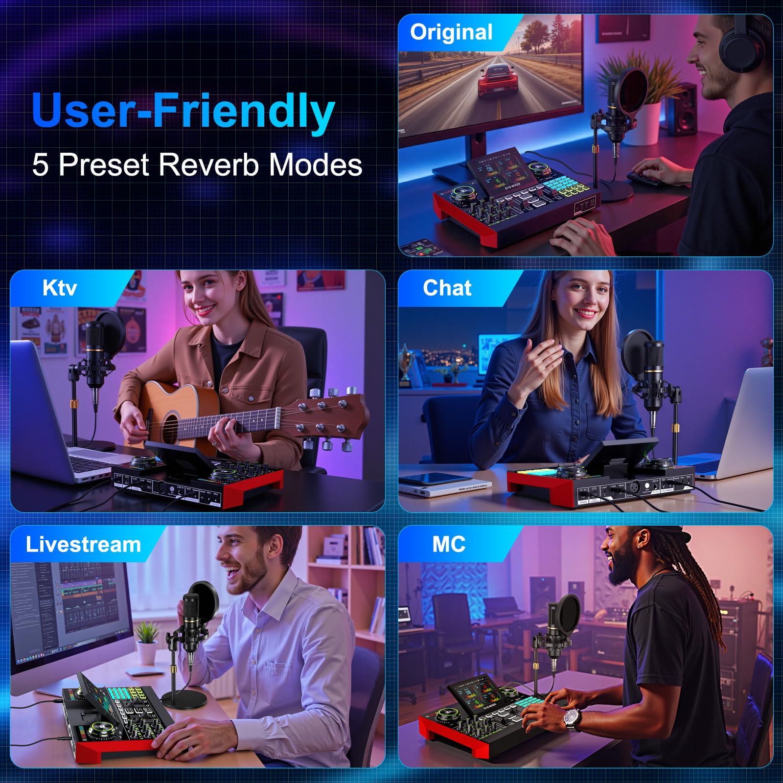 Podcast Microphone Bundle with Live Sound Card Audio Mixer, Podcast Equipment Bundle with 3.5mm BM800 Microphone for Pc/Youtube Live Streaming Singing Gaming, Sound Board with Voice Changer, Denoise