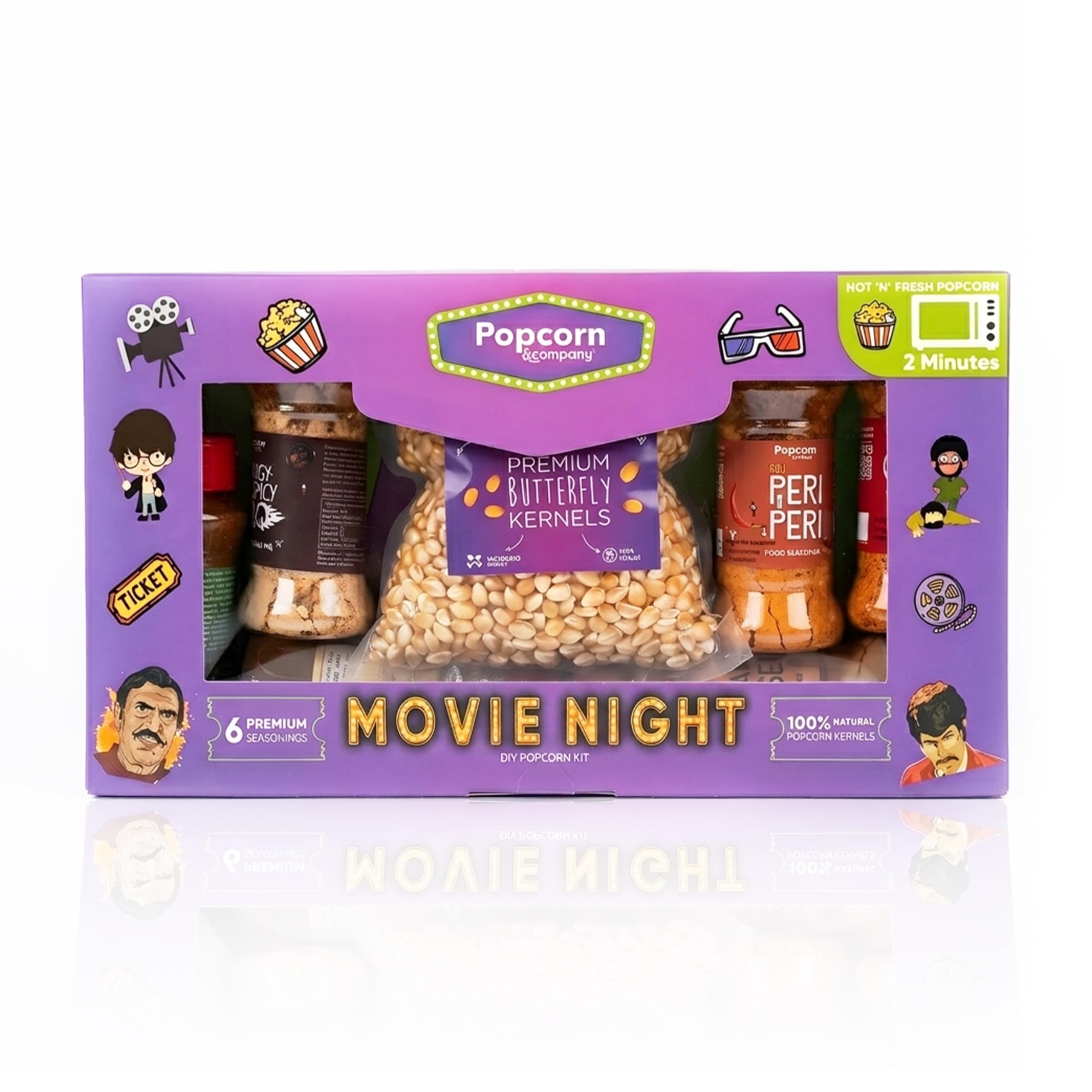 Popcorn & Company Movie Night Popcorn Kernels with 6 Seasonings (Peri Peri, Butter Salt, Butterfly Corn, Papdi Chaat, Hot Sweet & Cheddar Cheese) | Instant Popcorn Seeds - 850g | Made with Love and Care, Perfect for Movie Nights-image-26