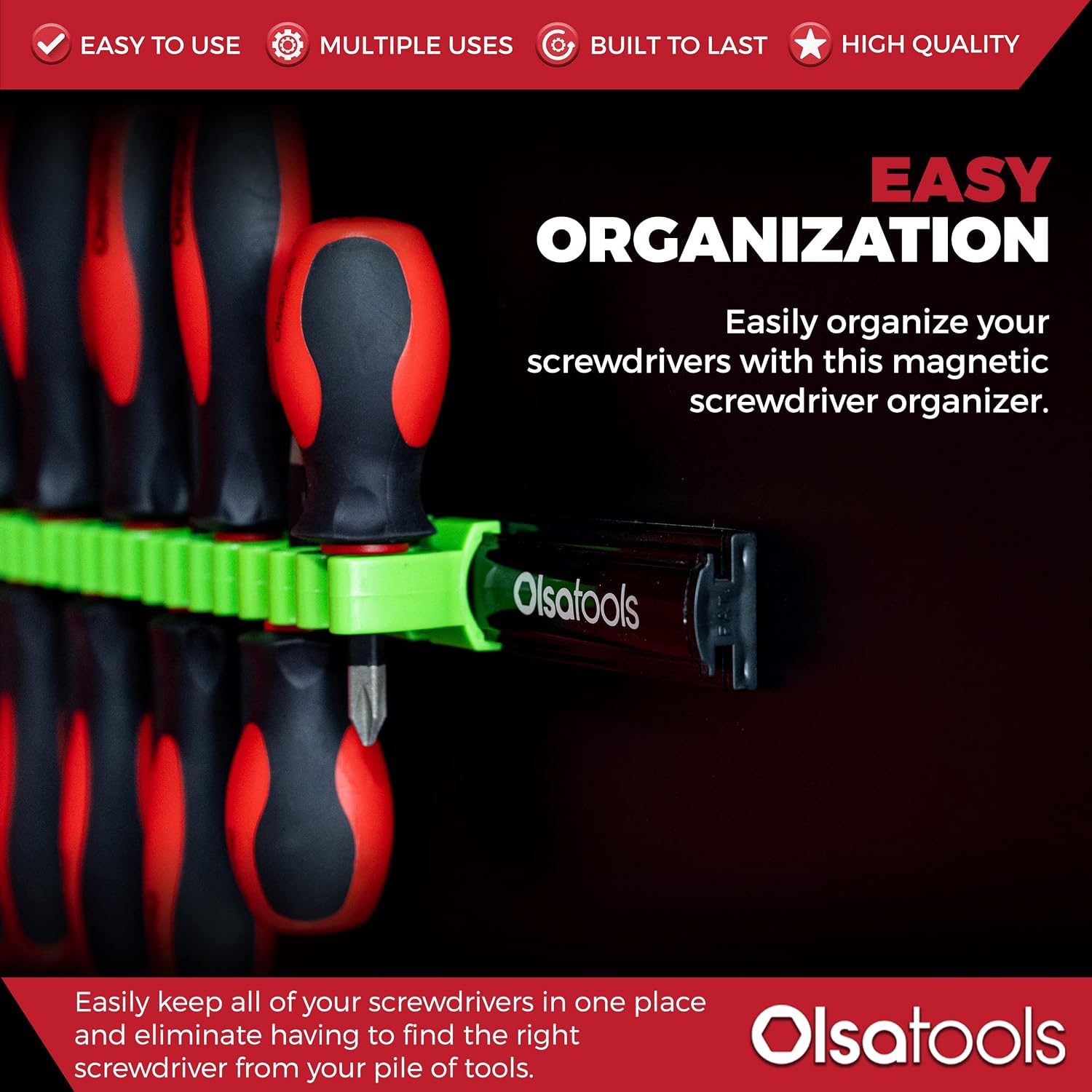 Olsa Tools Magnetic Screwdriver Organizer - Holder with Strong Magnets and Foam Backing - Professional Tool Organizer - Stores up to 16 Screwdrivers - Black and Green - Part 1139 image 2