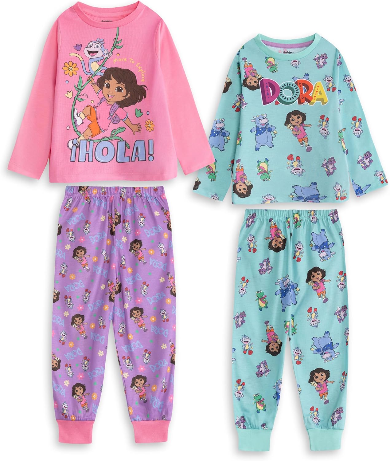 Dora the Explorer Girls Pink & Green Long Sleeve Long Leg Pajama Multi-Pack of 2 Sleepwear Set Dora Kids Cartoon Nightwear