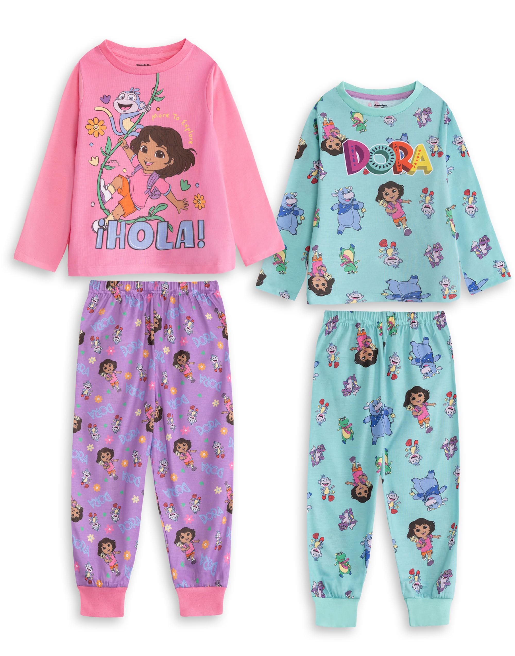 Dora The Explorer Girls Multicoloured Pink & Green Long Sleeve Long Leg Pyjama Set | Multi-Pack Of 2 Sleepwear With Dora & Boots | Kids Cartoon Nightwear | Comfortable Bedtime Pjs | Dora Merch - 3-4 Years