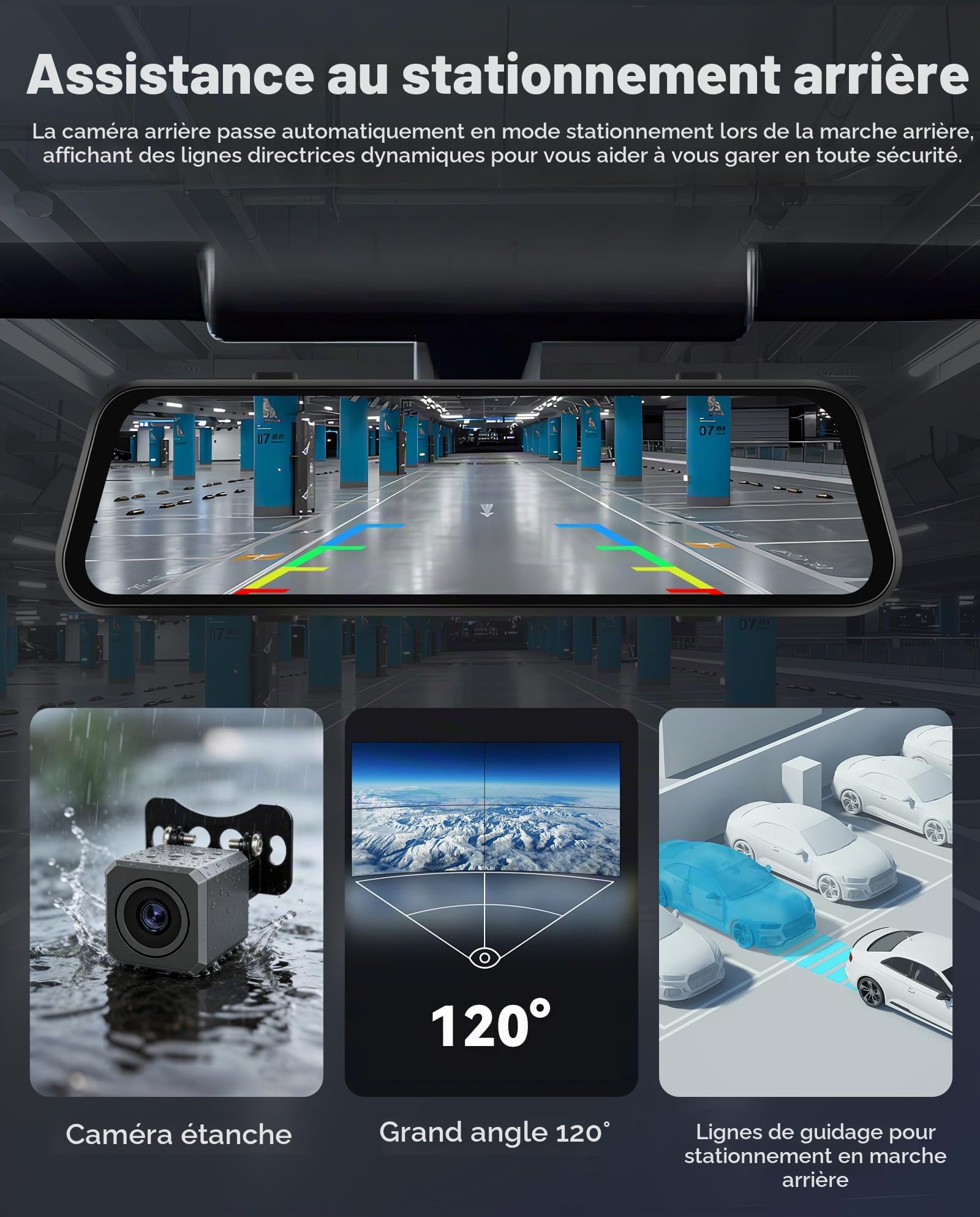 SIXWIN Rétroviseur Dashcam 9,66" Tactile 1080P HD 3 Canaux WiF | Enregistrement 1080P + 2×720P | Vision Nocturne, Boucle, Capteur G, Caméra de Recul, Angle 150° | Installation Universelle