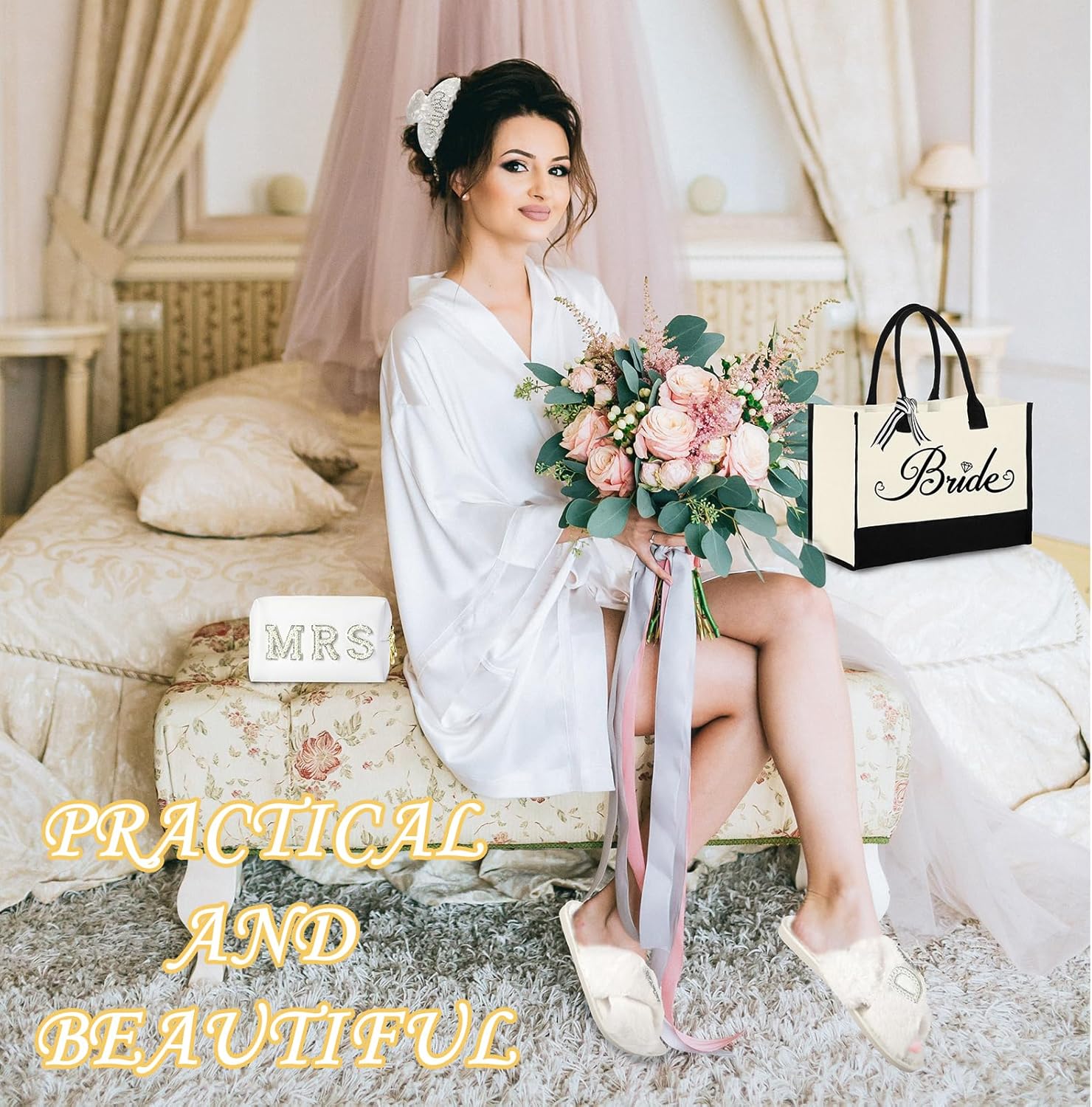 Bride to Be Gifts, Bridal Shower Gifts, Wedding Gift, Bride Tote Bag Makeup Bag Robe Slippers Hair Clip I Do Slippers Wedding Robe Cosmetic Bag - Image 7