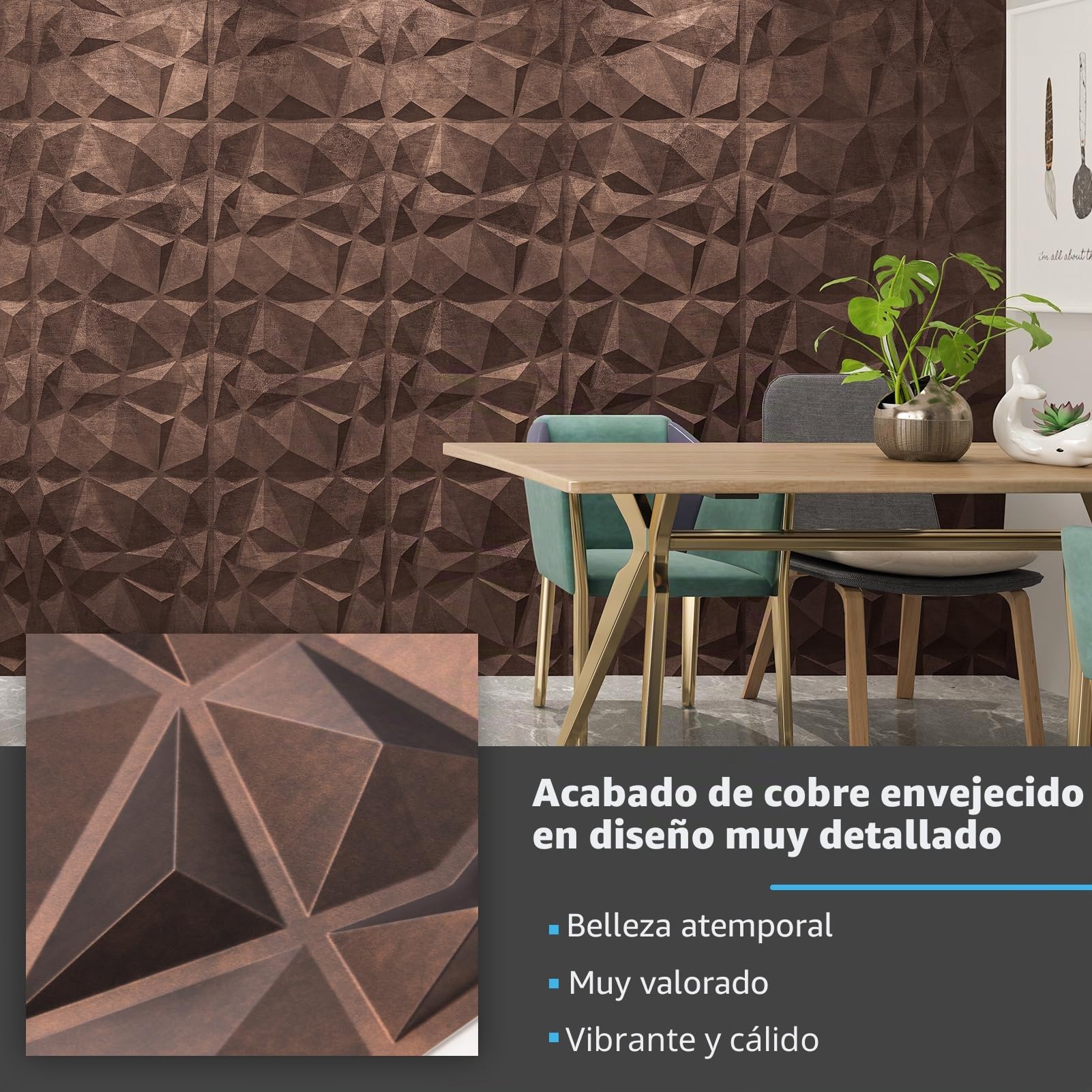 Art3d Paneles 3D Motivo Rombo Cobre Antiguo | 12 Piezas, PVC Rígido, 3 m², 50x50 cm | Impermeable, Inodoro | Ideal para Salón, TV, Oficina y Techo