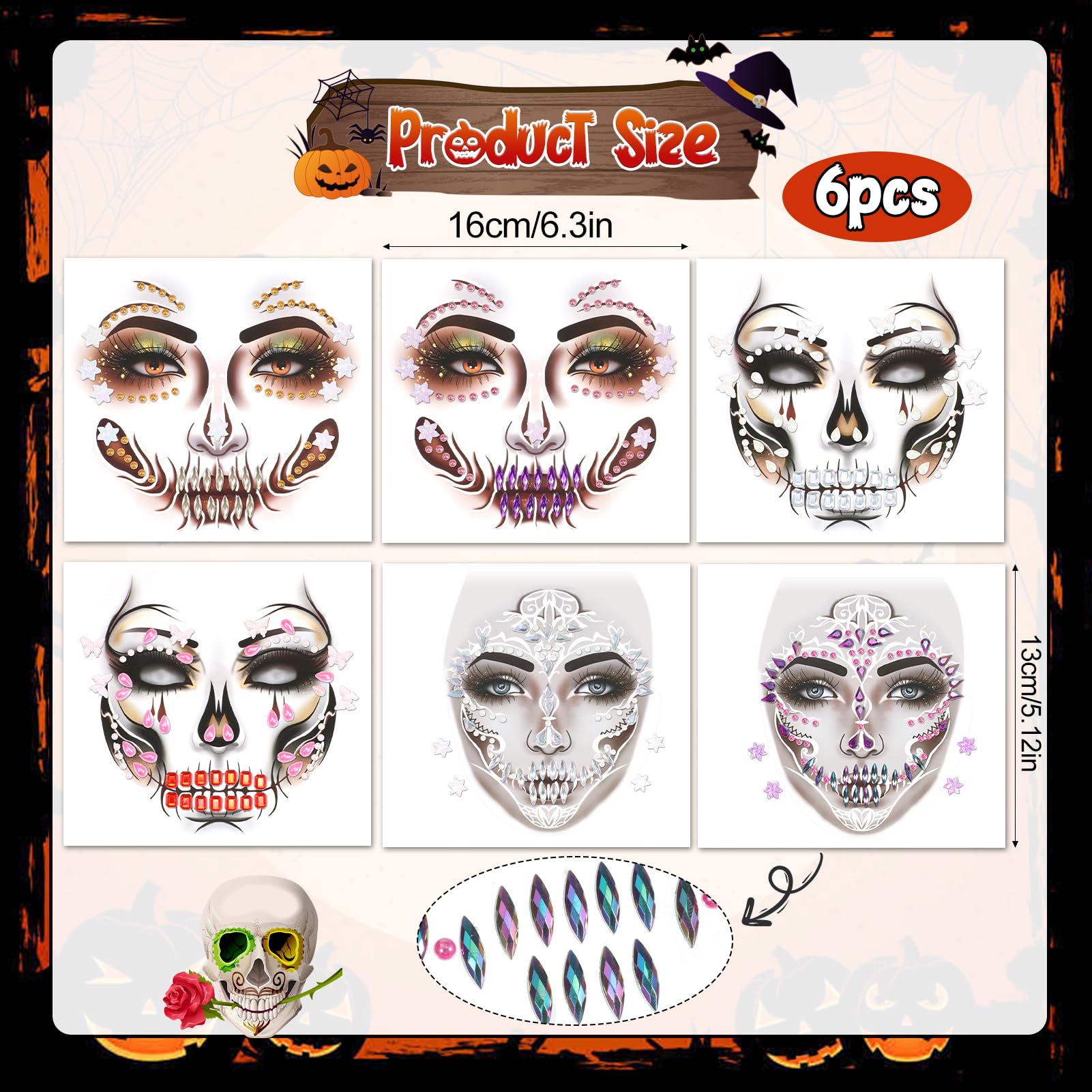 HOWAF 6 PCS Halloween Face Stickers Jewels - Image 2
