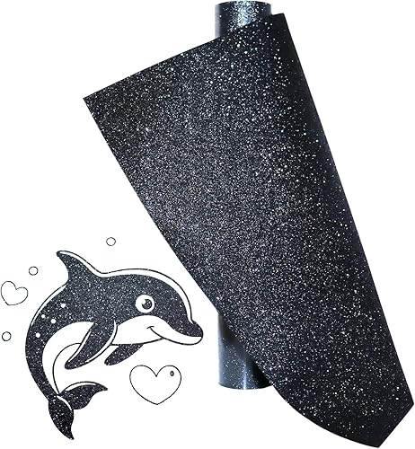 Rollos de vinilo de transferencia de calor con purpurina negra, vinilo HTV de hierro negro de 12 pulgadas x 5 pies, vinilo para planchar para