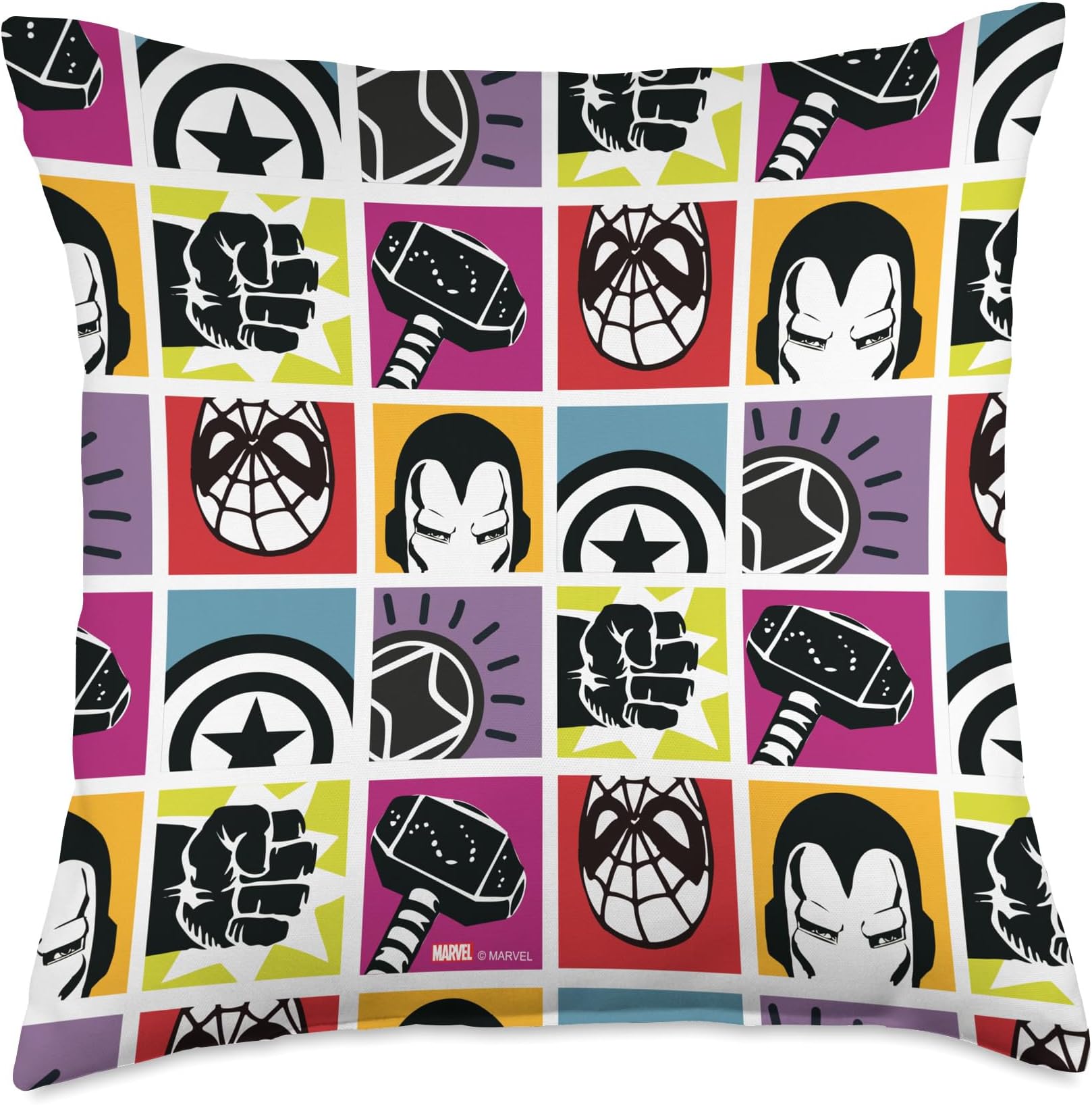 Marvel Avengers Spider-Man Super Hero Icons Retro Pattern Throw Pillow, 18x18, Multicolor