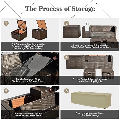 Miniatura 8 de Tangkula Patiojoy - Juego de muebles de patio de 8 piezas, juego de sofá modular de ratán PE para 6 personas con cubierta de agua, para jardín,