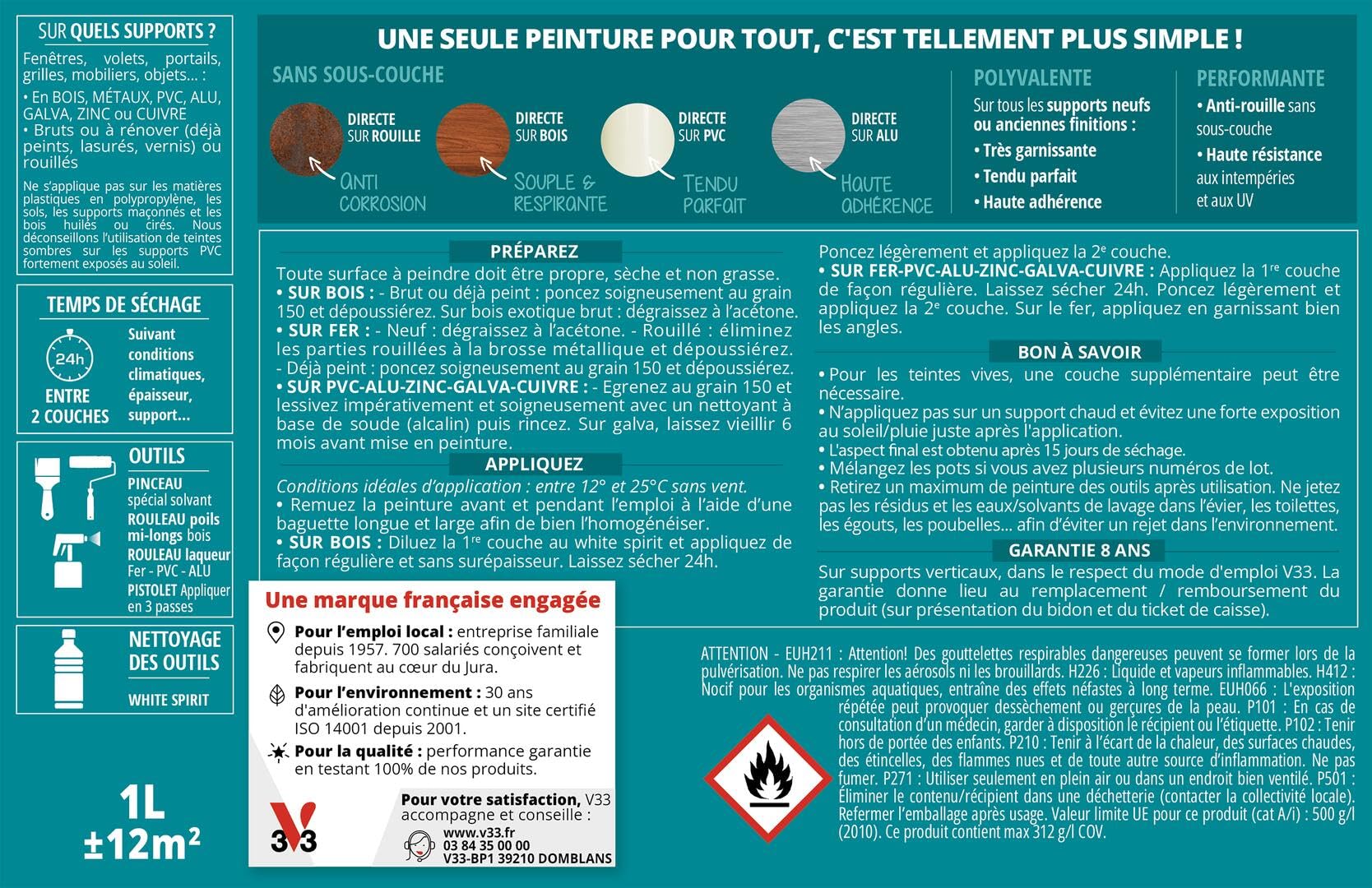 V33 Peinture extérieure Multi-matériaux, Noir Poudré 1,5L