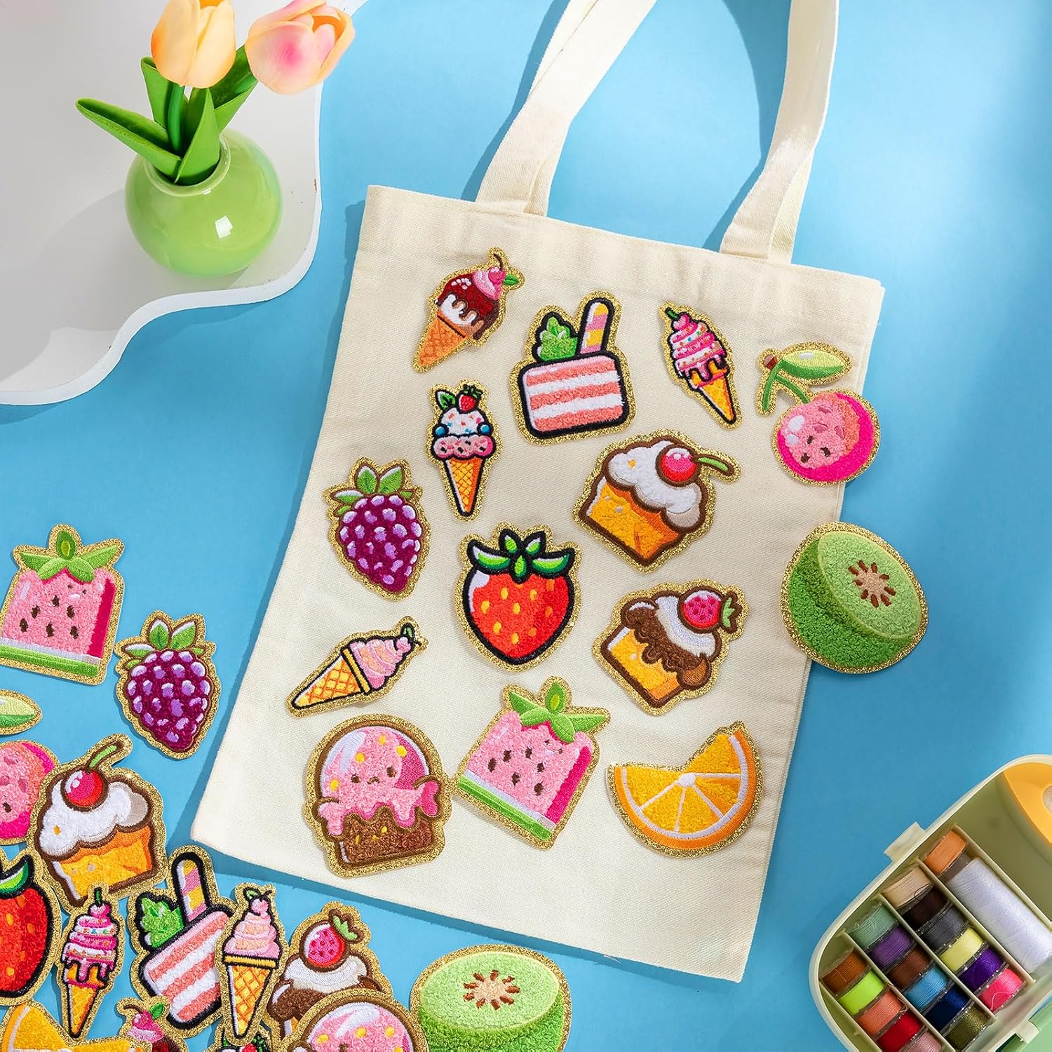WILLBOND 28 Pcs Colorful Fruits Chenille Patches, Self Adhesive Cute Ice Cream Cupcake Stickers for Crafts, Notebook Decorations, Party Setups, Stationery DIY, Baking-Themed Parties Girls Women Gifts