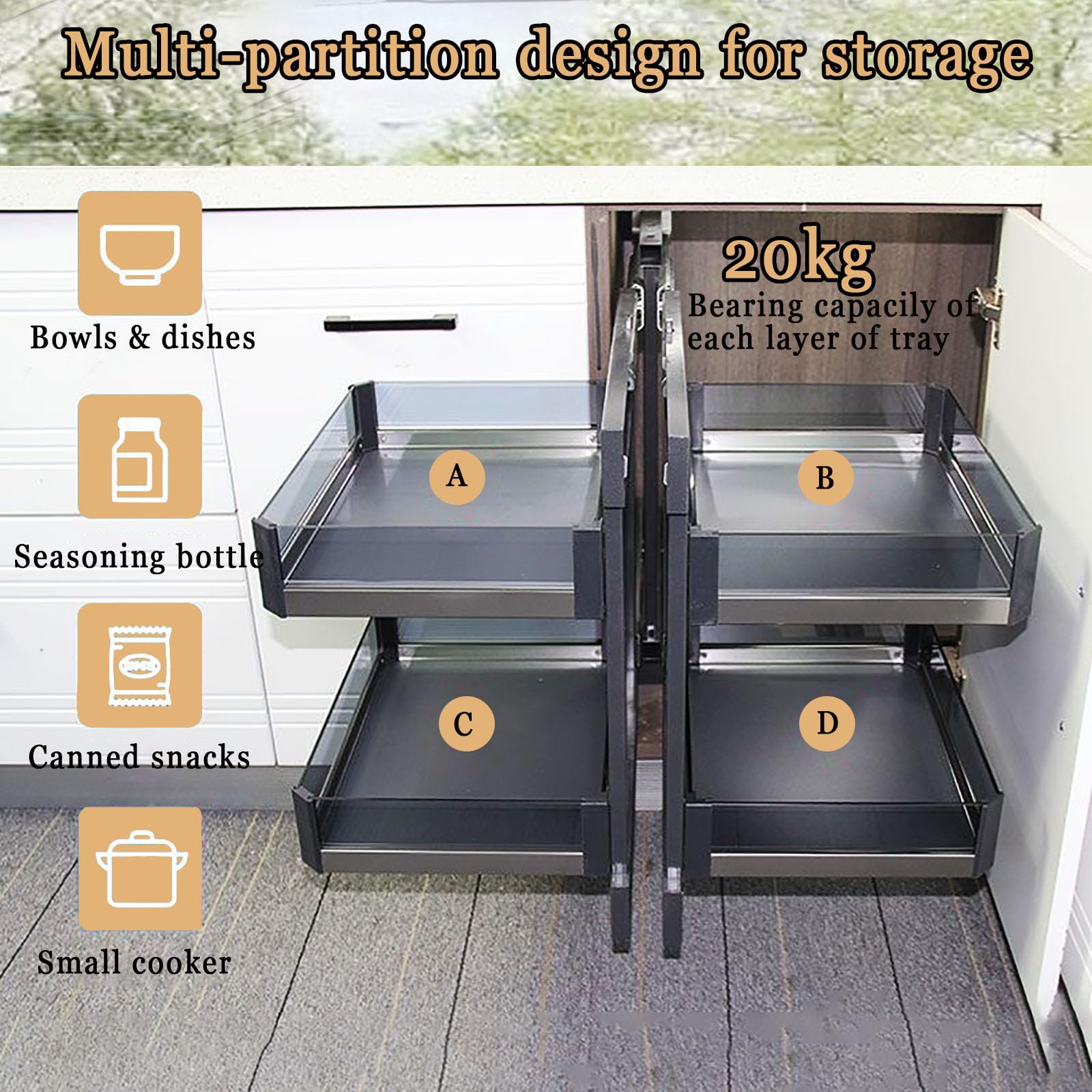 Organiseur d'angle coulissant à 2 niveaux pour meuble de cuisine réglable pour les coins gauche/droit maximise le rangement 4 étagères Accès facile Solution durable et peu encombrante
