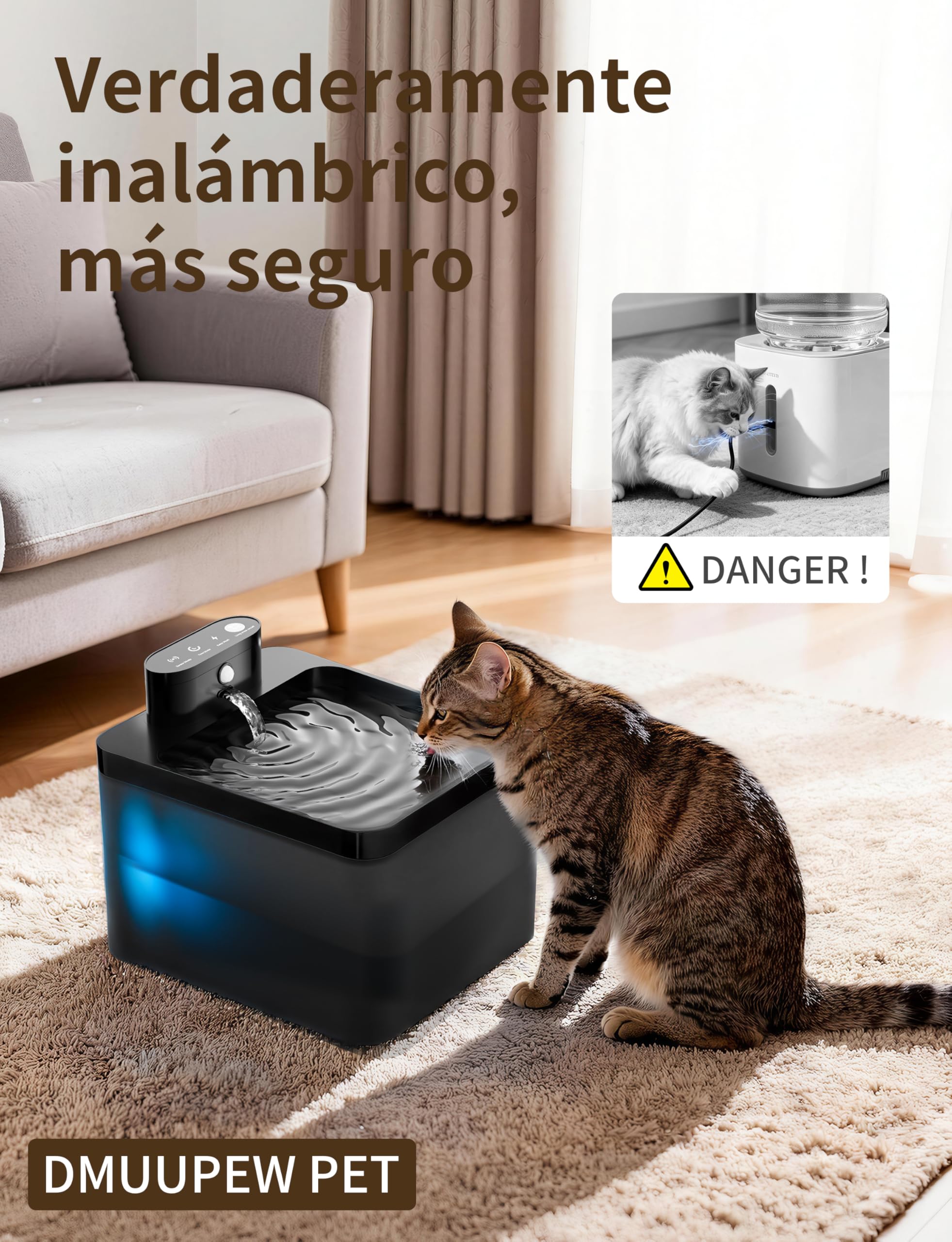 Fuente para gatos, 2,2 l, inalámbrica con LED, detector de movimiento, bomba silenciosa 30 dB, batería de 2600 mAh, filtración premium
