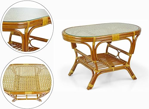 Miniatura 5 de Malibu Lounge Juego de 4 2 sillas de mimbre de ratán natural, sofá de tres plazas con cojines y mesa de centro con vidrio hecho a mano, colonial