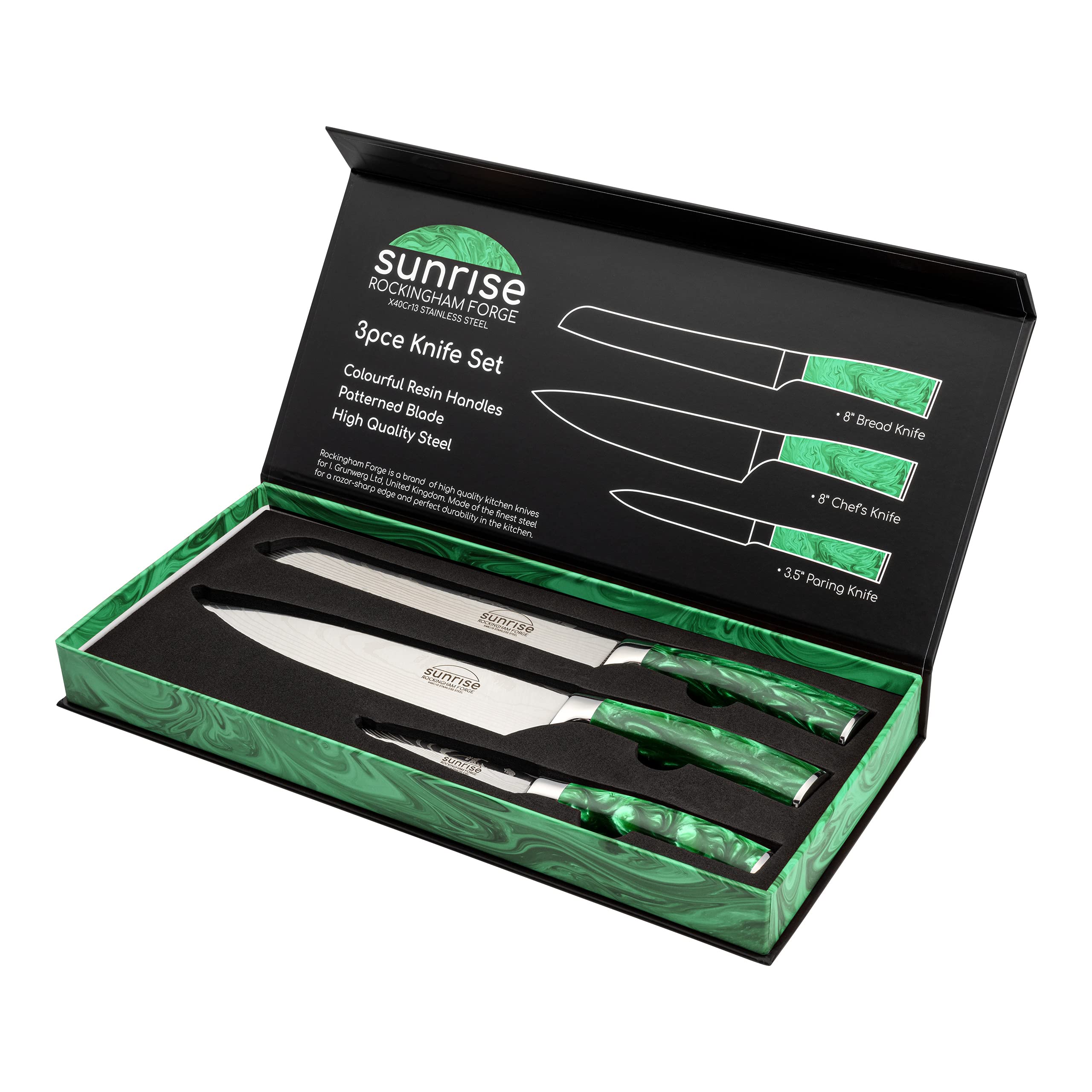 Rockingham Forge Sunrise Collection Emerald smaragd 3-Stück Messerset mit hochwertiger Klinge aus X40Cr13 Edelstahl und Griff aus Harz, Grün