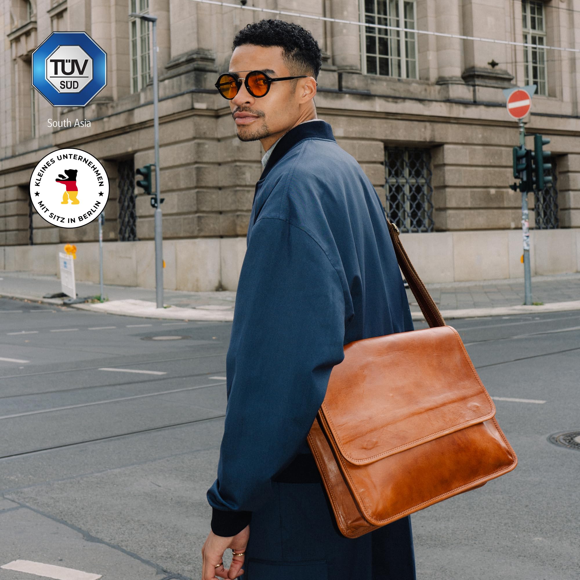 Berliner Bags Vintage Umhängetasche Ghent aus Leder, Messenger Bag mit Laptopfach für Damen Herren - Braun