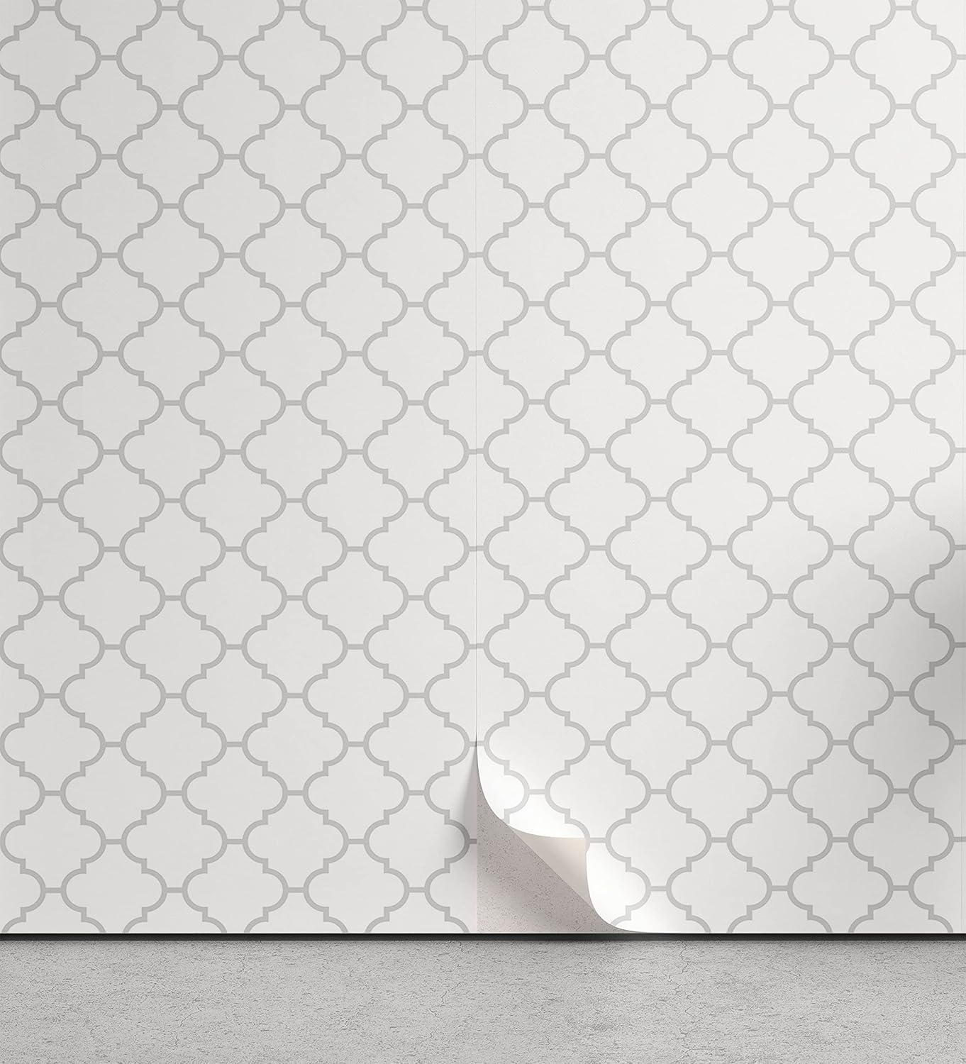 Lunarable Grey Peel & Stick Wallpaper for Home, Moroccan Traditional Trellis Pattern Simple Geometric Monochrome Tile, Self-Adhesive Living Room Kitchen Accent, 13 x 36, Pale Grey White