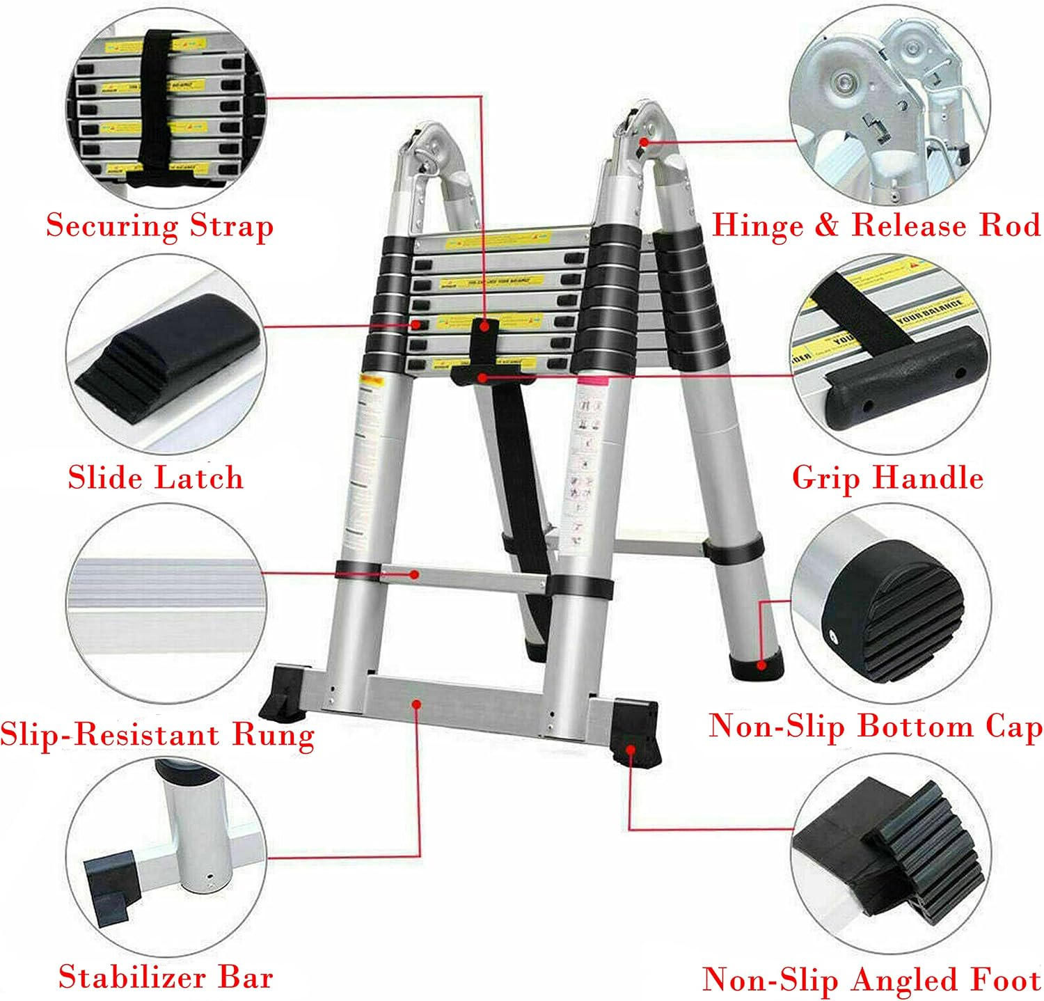 Telescoping Aluminum Ladder 12.47FT with Locking Mechanism & Anti-Slip Mat Extension Ladder A Frame(1.9+1.9m) with EN131 Certified Folding Telescopic Ladder for Indoor Outdoor Work Max. Load 330lb