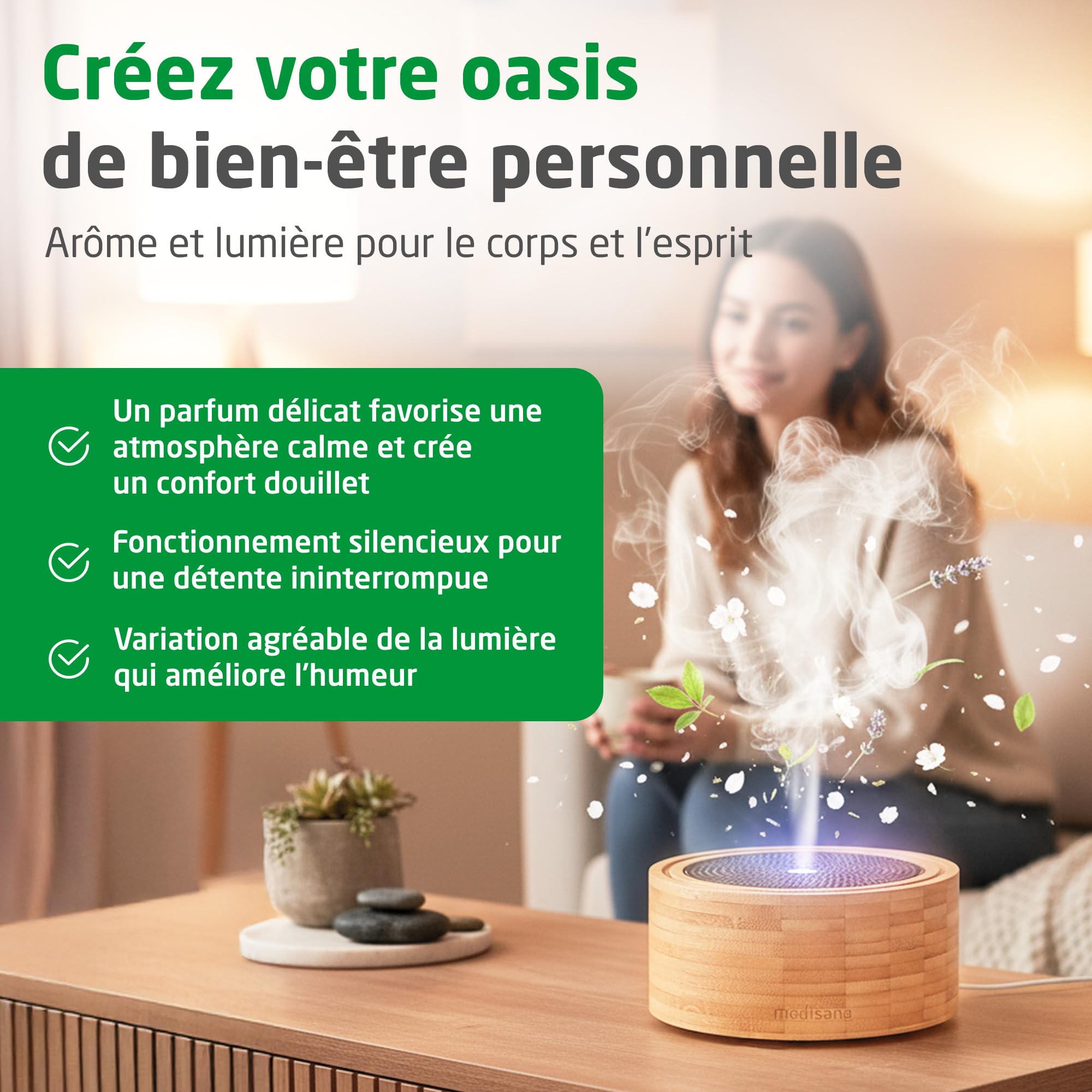 medisana AD 625 diffuseur d'huiles essentielles, désodorisant maison | avec lumière bien-être, pour huile essentielle, humidificateur d'air à technologie ultrasons pour parfum ambiant agréable