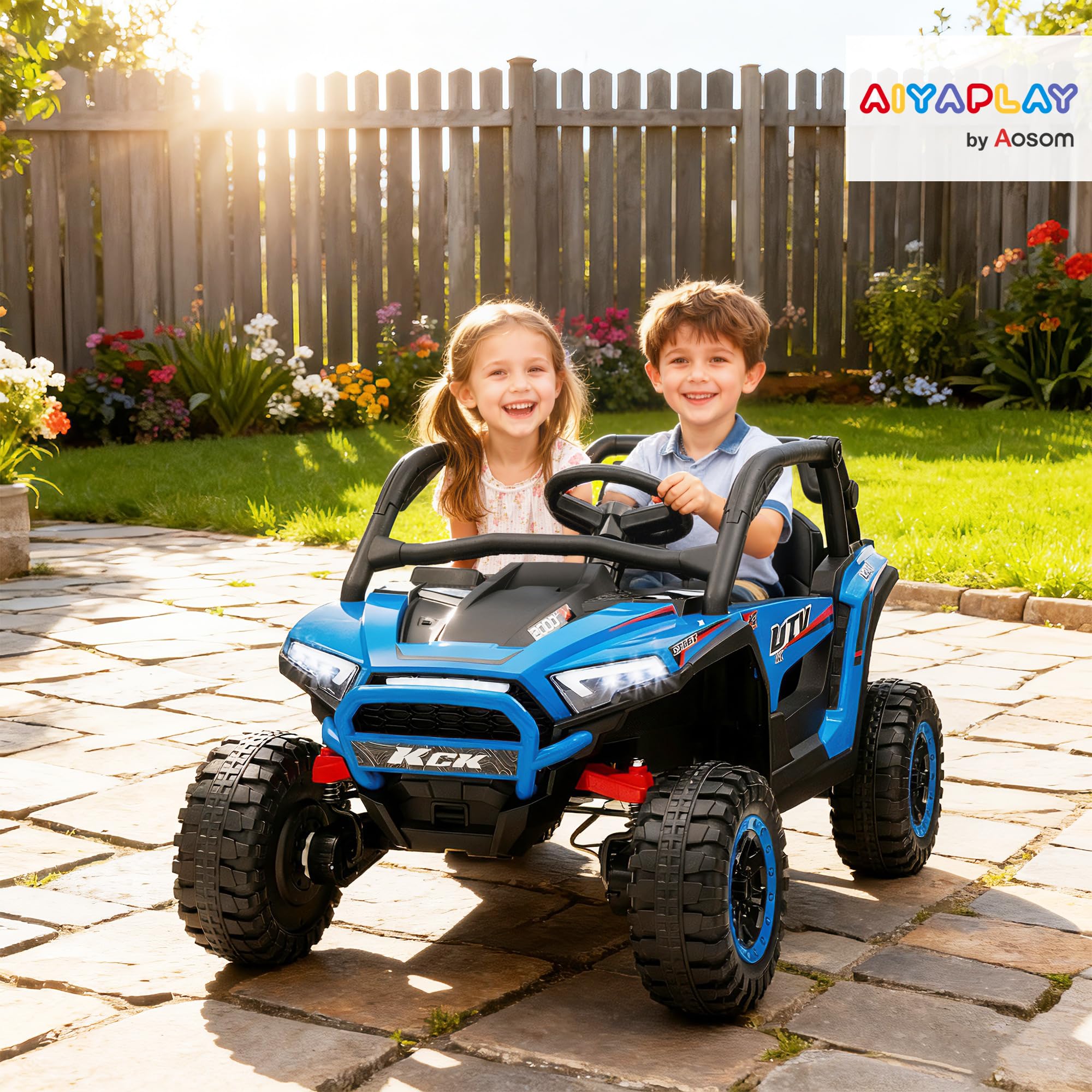 AIYAPLAY Macchina Elettrica per Bambini 2 Posti 24V 4 Motori, Auto Elettrica Bambini 3-8 Anni con 3 Velocità, Musica Integrata, Clacson, Luci, Sospensione a Molla e Telecomando, Velocità 5-7km/h, Blu