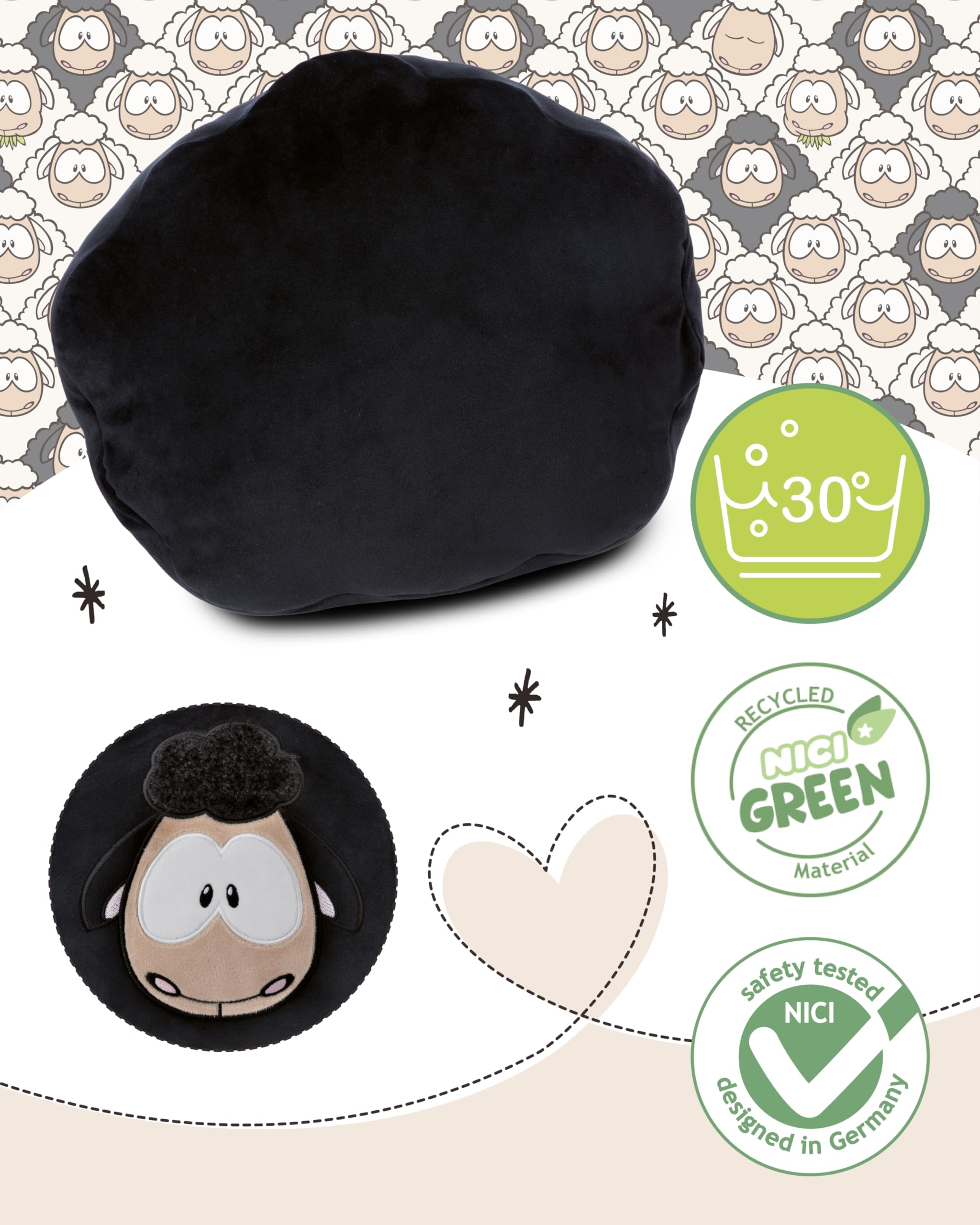NICI cuscino di peluche Pecora 35x33cm nero - Soffice cuscino morbido per bambini, bambine, neonati e amanti dei peluche - Ideale a casa, all'asilo o in viaggio - 49921