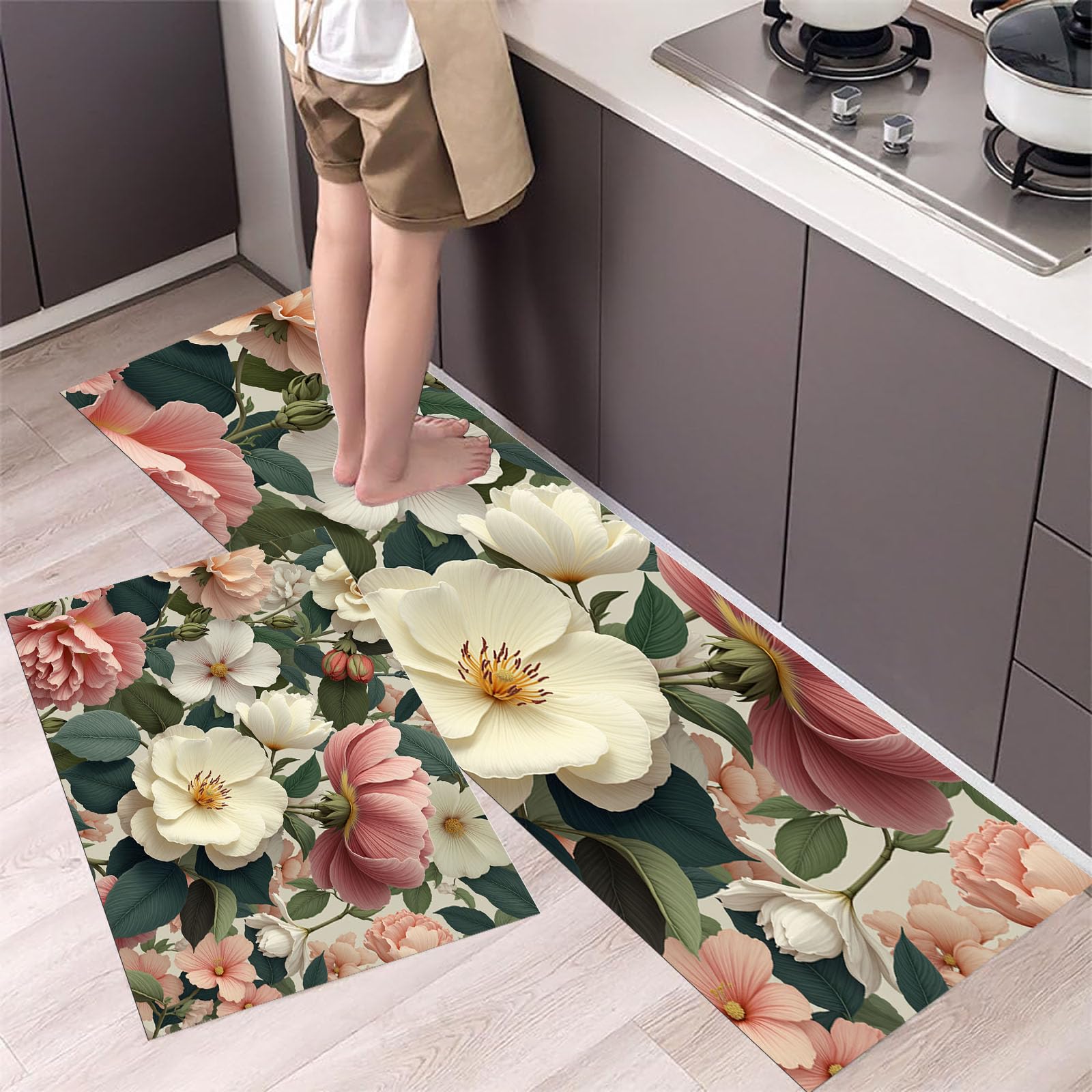 Alfombra de cocina antideslizante con diseño floral para dar color y confort a tu hogar