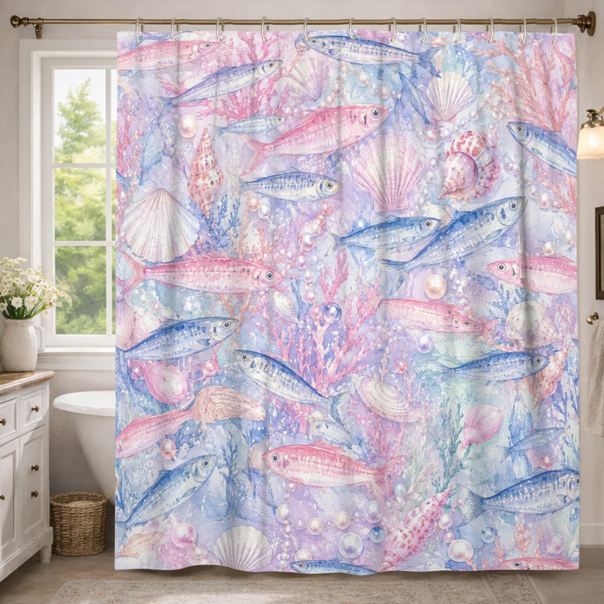 Rideau de douche extra long en tissu imperméable avec crochets de salle de bain motif poissons bleu