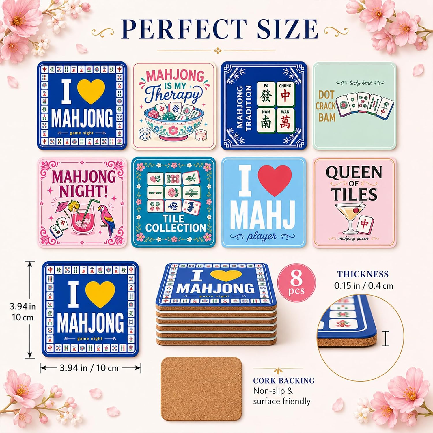 Mahjong Coasters 8 Pcs, Colorful Wooden Drink Coasters 3.94 x 3.94 Inch, Mahjong Accessories and Gifts for Players, Game Night Decor, Mahjong Gifts image 4