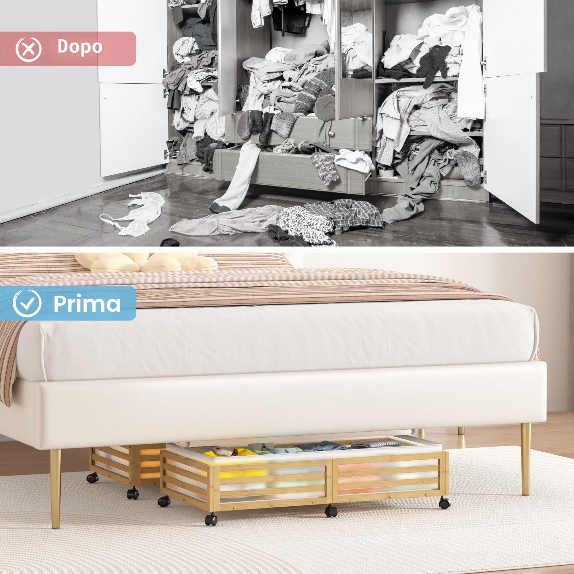 Contenitore sotto il letto con ruote, grandi contenitori in bambù da mettere sotto il letto, con sacchetto per la polvere, impilabili, per riporre vestiti, libri, biancheria da letto e