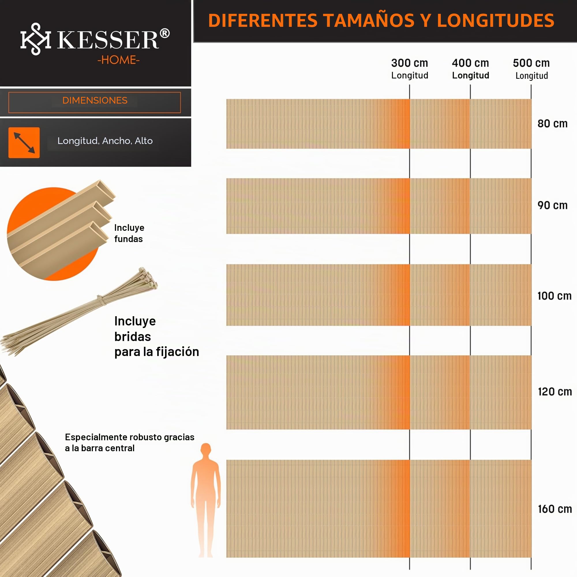 KESSER® Estera de Privacidad PVC Valla Protectora Balcón | Resistente a la Intemperie | 100 x 300 cm | Lamas reforzadas | Revestimiento del balcón Incluye Abrazaderas y Cubierta Bambú