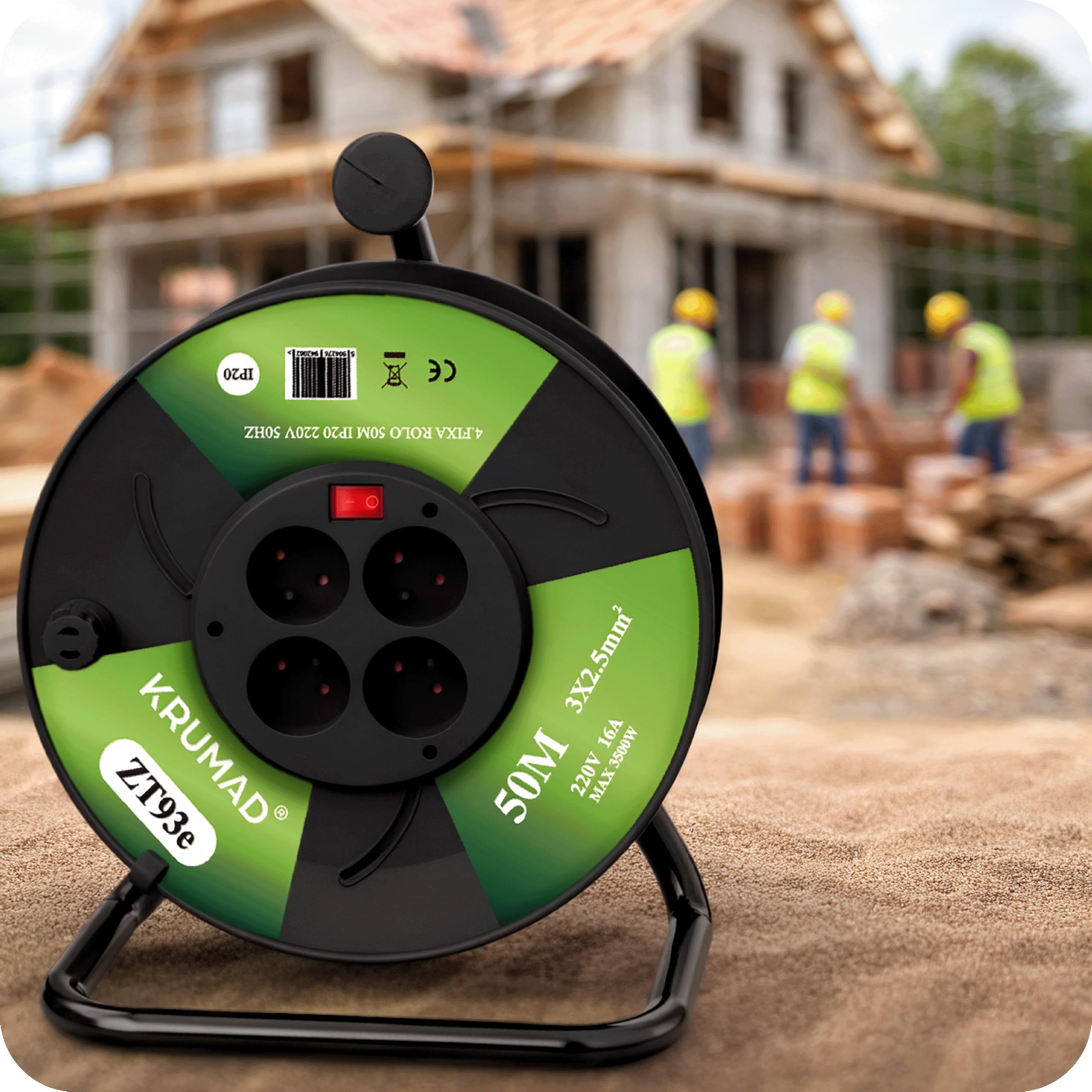 KRUMAD Enrollador de cable de 50 m con 4 enchufes con toma de tierra, cable 3 x 1 mm², 2000 W máx., 220 V, para taller y uso doméstico, tambor enrollador de cable con manivela, protección contra