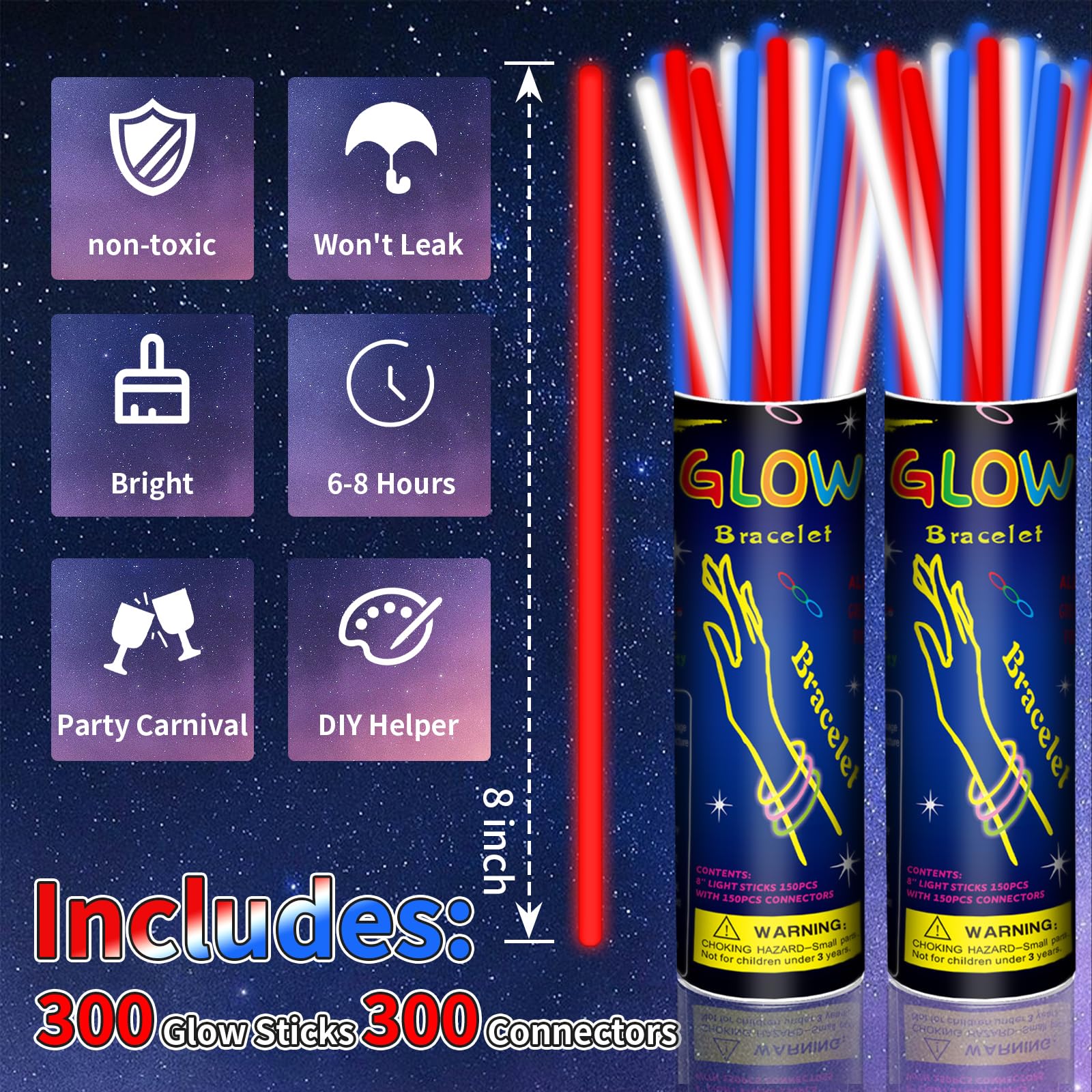 300 varillas brillantes del 4 de julio con conectores, pulseras y collares de neón rojo, blanco y azul, suministros de fiesta patrióticos iluminados a granel, decoraciones del Día de la