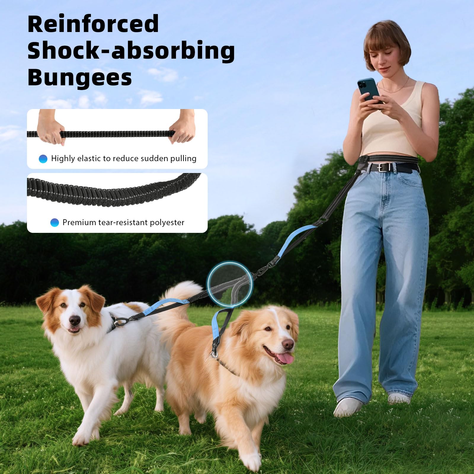 Tivray Hands Free Dog Leash, 6.9ft Waist Leash for 2 Dogs, Adjustable Double Hands Free Lead with Detachable Waist Belt - Image 3