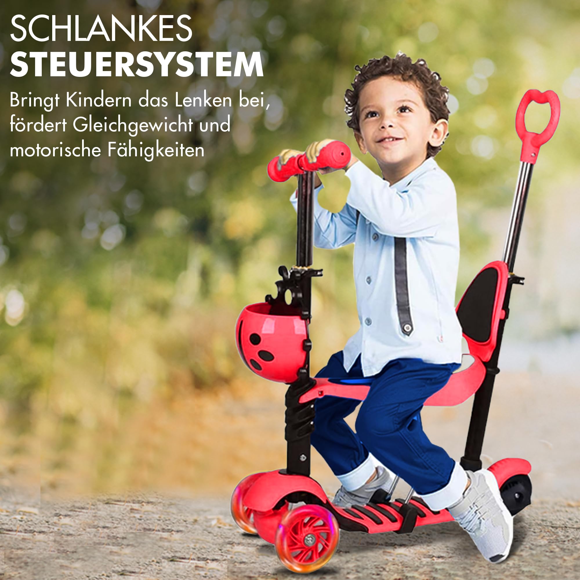 Habib Gruppe Monopattino 3 in 1 per bambini e bambine – sedile rimovibile, ruote a LED, manubrio regolabile in altezza, scooter – Monopattino – per bambini da 2 a 8 anni