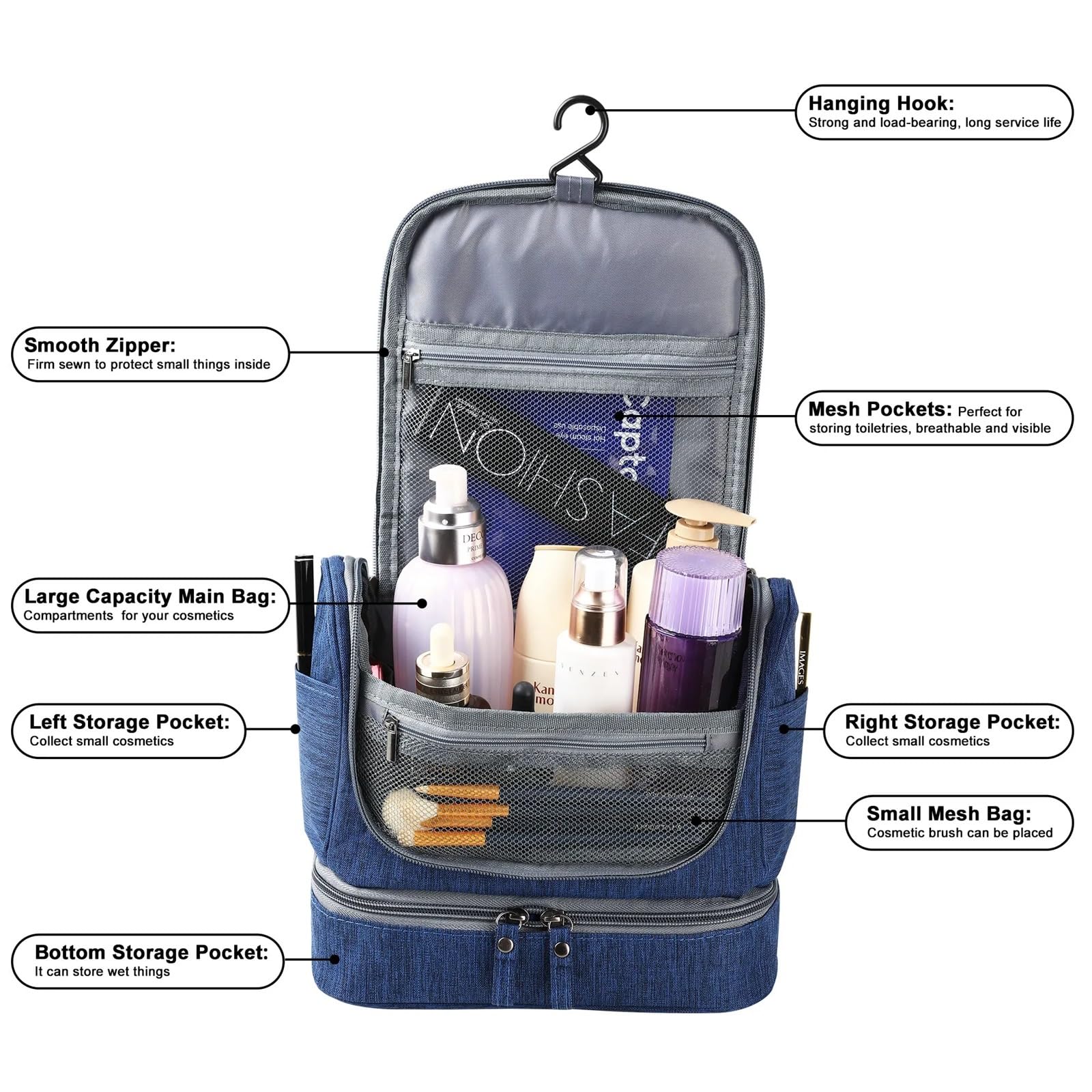 Neceser Hombre Neceser portátil con Gancho Colgante for Hombre, Bolsa de Maquillaje, Organizador Viaje, Almacenamiento cosméticos for Mujer Neceser Viaje(Grey)