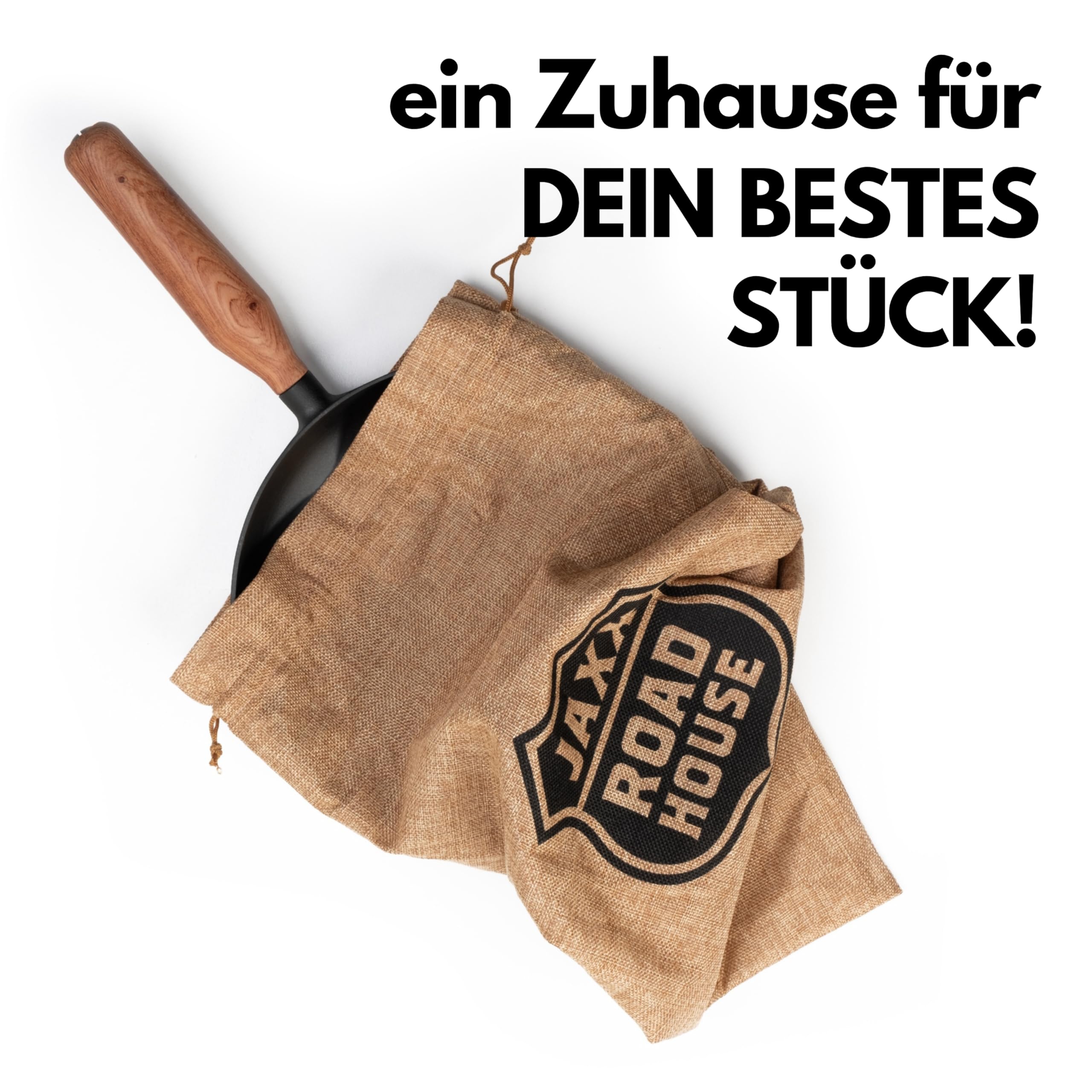 JAXX ROADHOUSE DIE BRATPFANNE - ausgezeichnete Premium Pfanne Gusseisen, Gusseisenpfanne Induktion, 26cm, Handgefertigter Holzgriff, ALLE Herdarten, Voreingebrannt (Walnussholz)