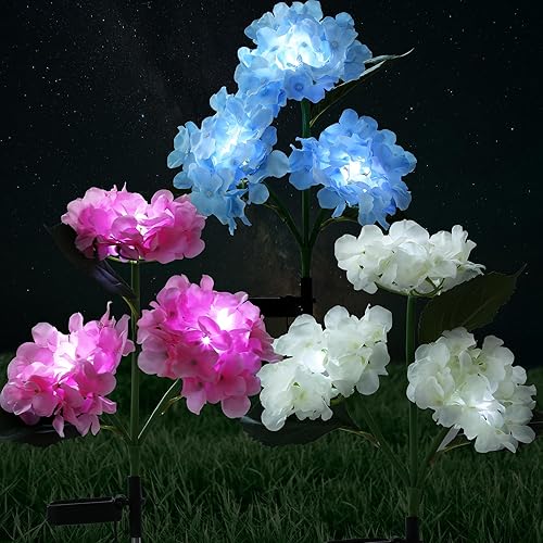 Luces solares decorativas para exteriores, paquete de 3 luces solares de hortensias para jardín, impermeables, dos modos de iluminación y panel