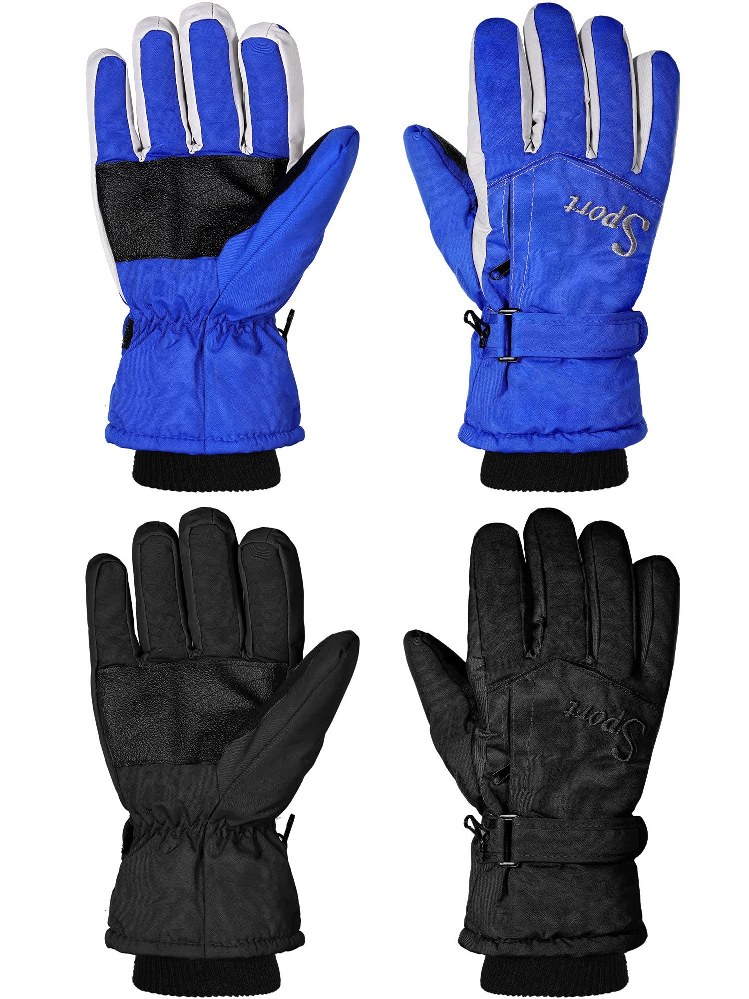 Jeere 2 Pairs Winter Ski Gloves Men Women Waterproof Snow Gloves Adjustable Snowboard Mittens for Cold Weather Men Women(Black, Blue,M)