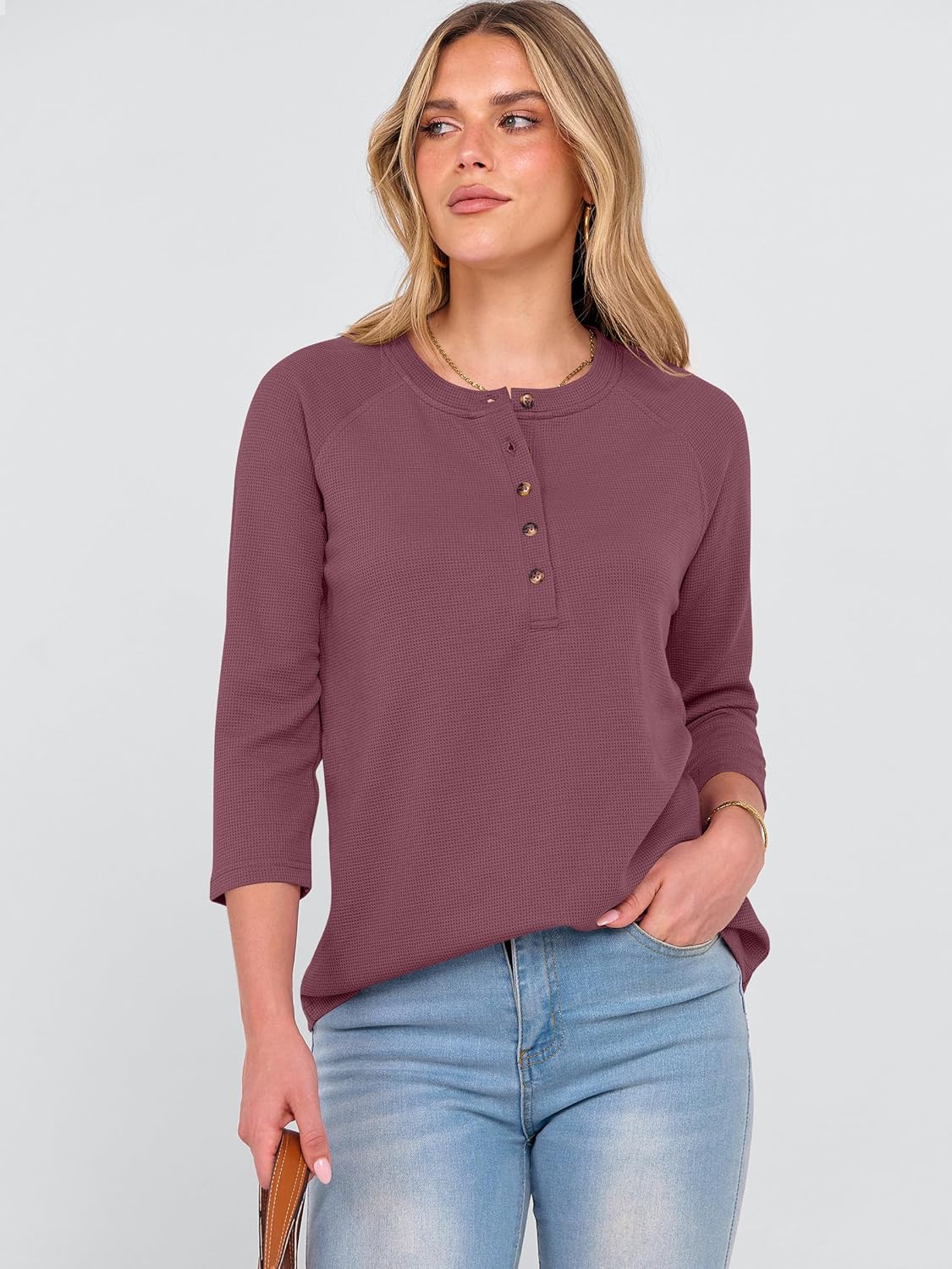 ANRABESS Women's 3/4 Sleeve Waffle Knit Tops V Neck Dressy Casual Button Loose Henley Shirts 2026 Spring Basic Tee Blouse - Image 6