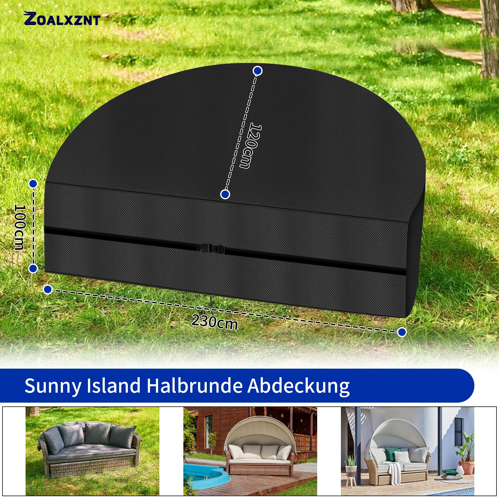 Isola Waterproof Half Circle Sun Cover for Garden Semicircular with Adjustable Rope, Half Circle Cover Island Sunbathing 420D Oxford (230 x 100 x 120 cm, Black) - Image 3