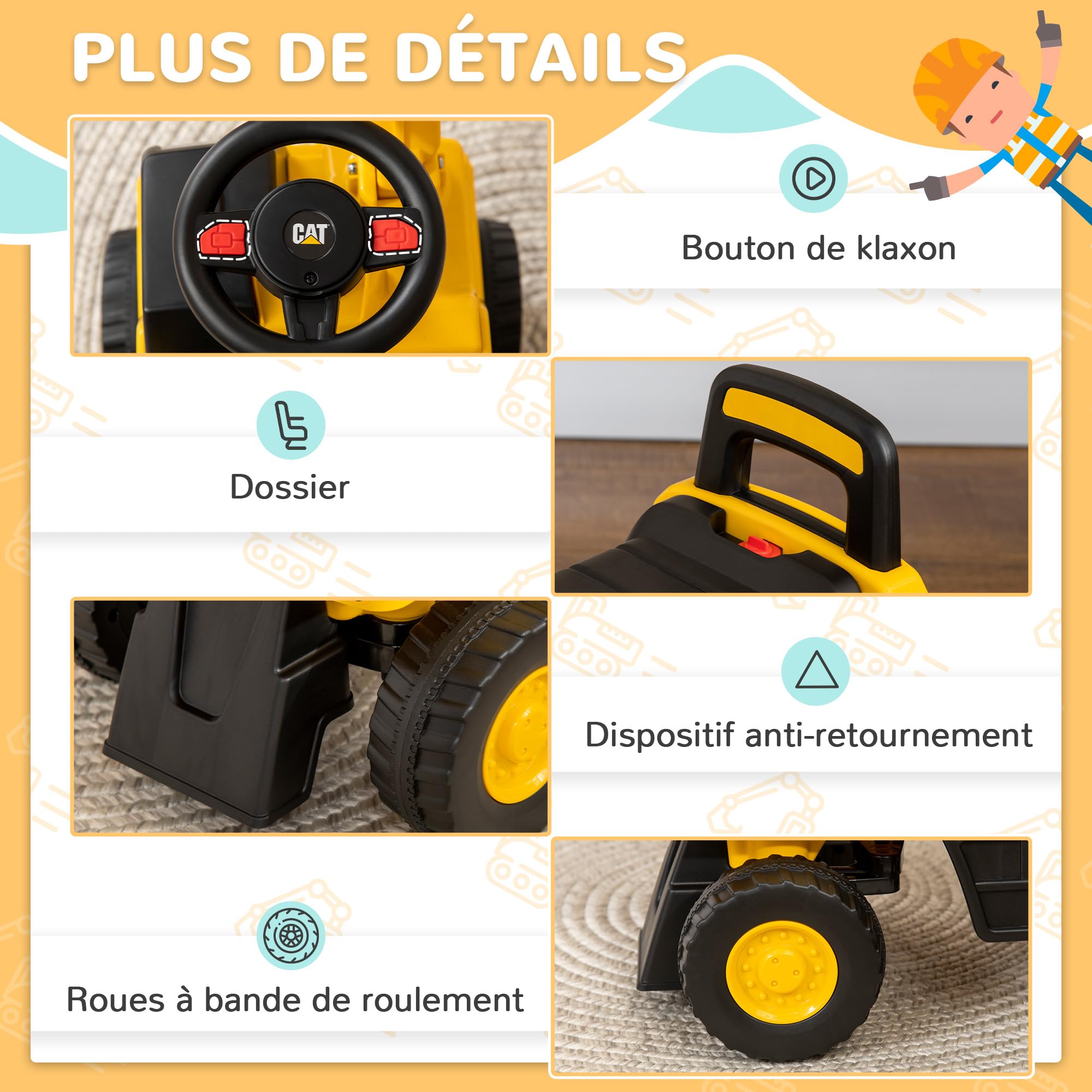 HOMCOM Tractopelle Enfant sous Licence Cat, Porteur Pelleteuse Enfant avec Pelle Manuelle, klaxon et Rangement caché, pour garçons et Filles de 12 à 36 Mois, Jaune