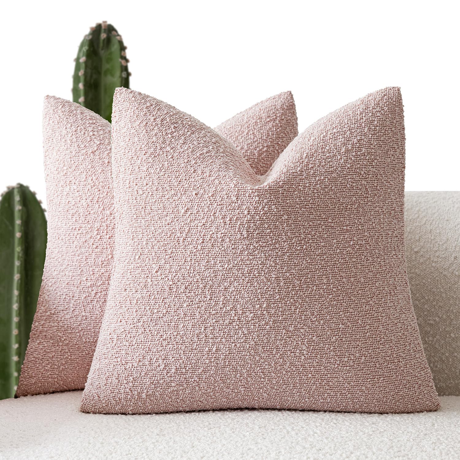 Foindtower Set of 2, Decorative Textured Boucle Throw Pillow Covers Accent Solid Pillow Cases Neutral Soft Cozy Couch Cushion Case for Chair Sofa Bedroom Living Room Home Decor 26x26 Inch Sakura Pink — image 1