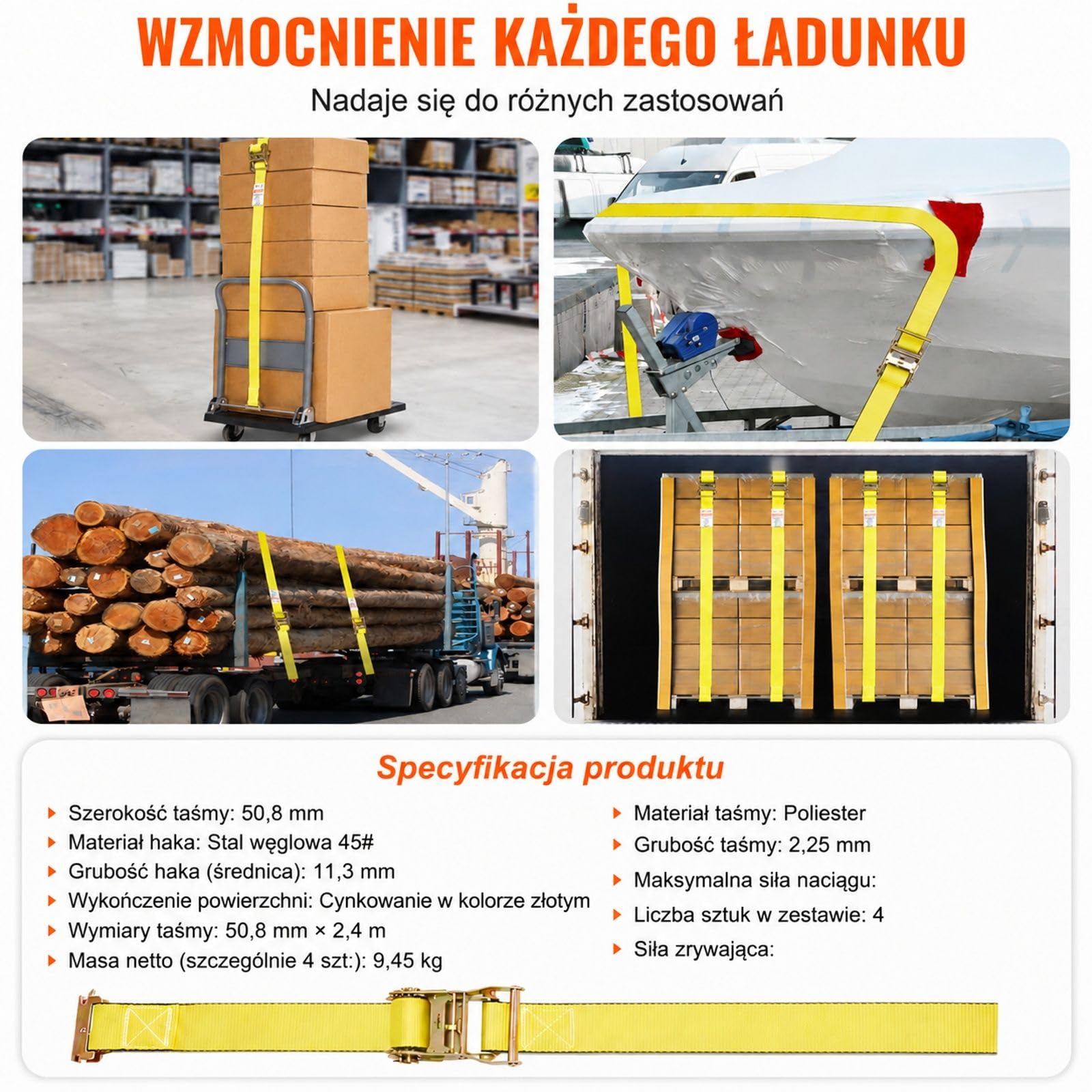 Zestaw 8 pasów mocujących z mechanizmem zapadkowym i końcówkami E-Track do ładunku, przeprowadzek, sprzętu domowego oraz ogrodowego