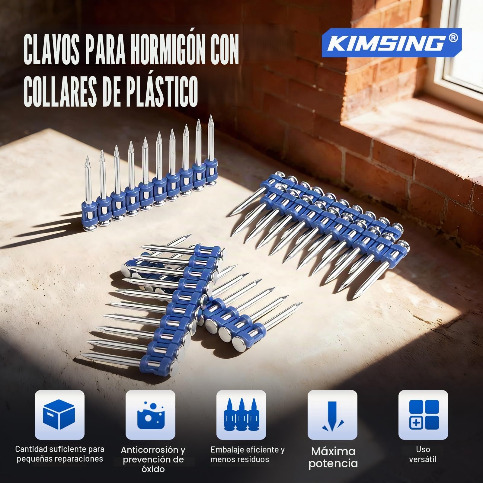 KIMSING MTSD-38 12GA clous pour béton 38mm 1000 pces pour portes | Galvanizado grueso anticorrosión, tira plástica para carga fácil, 38mm, para puertas, ventanas y techos